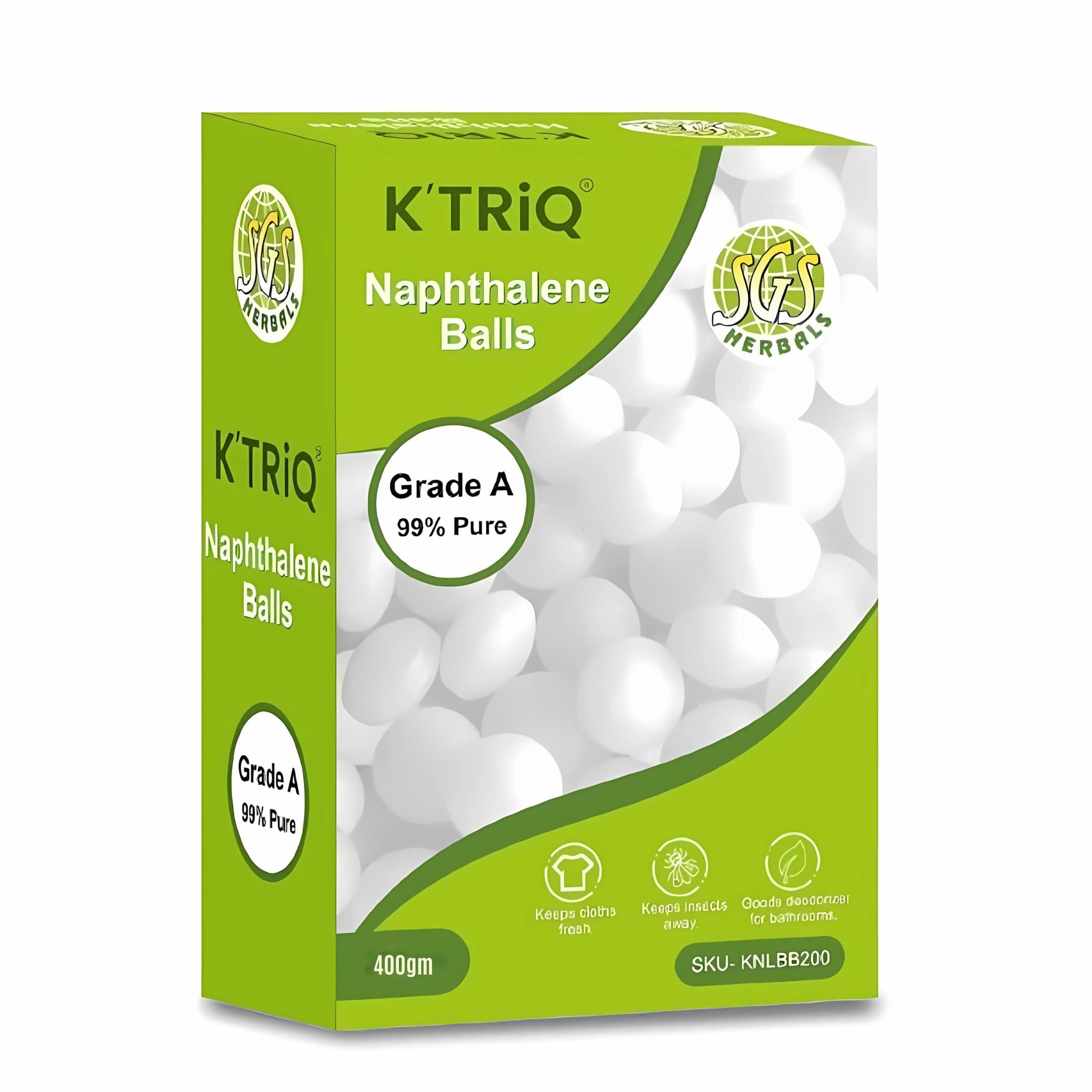 K'TRiQ Naphthalene Balls, Grade A 99% Pure – 400 gm, Long-Lasting Freshness, Protects Clothes from Moths, Mildew, and Bad Odors