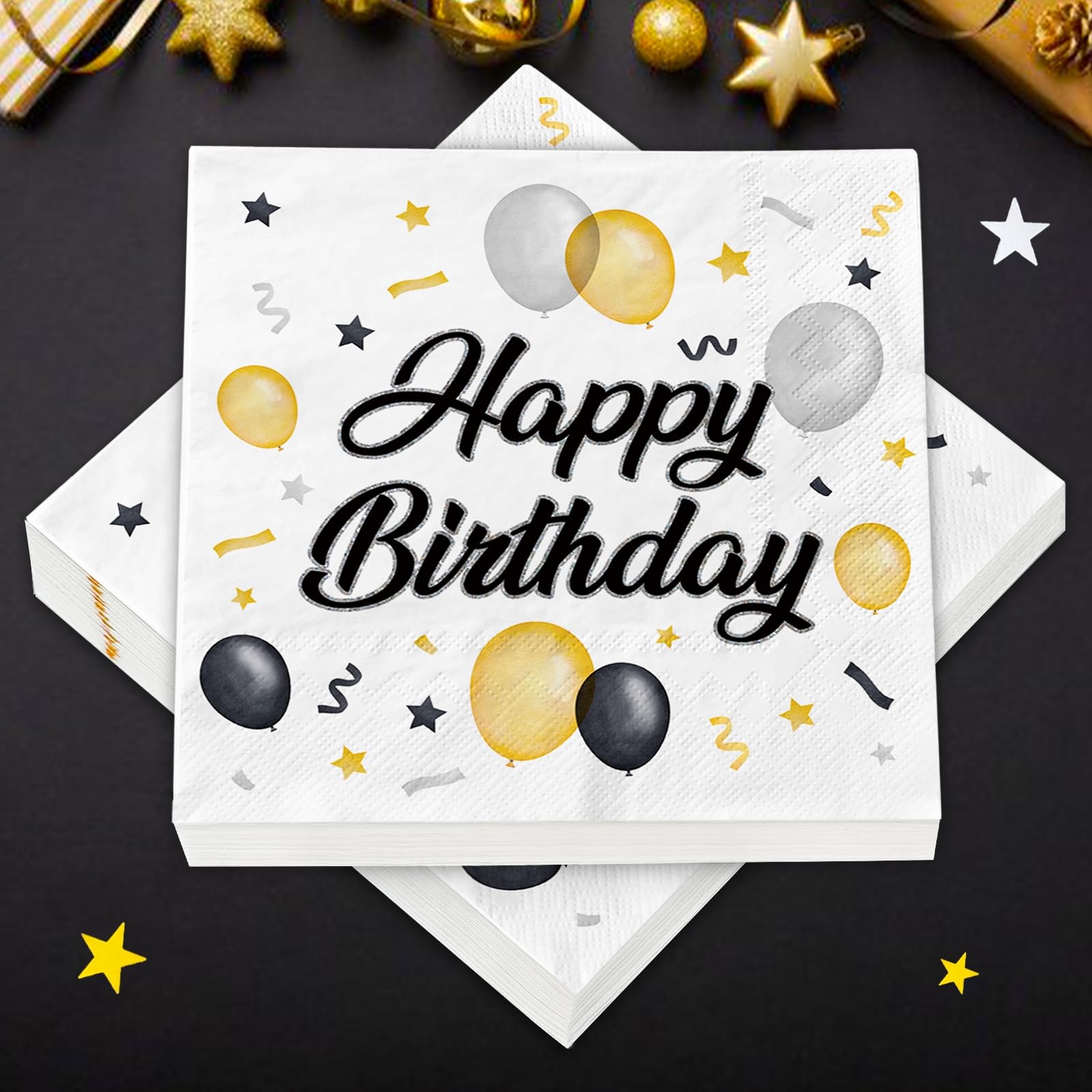 Servietten Geburtstag, 40 Stück Happy Birthday Servietten Schwarz, Tischdeko Geburtstag Servietten Vierseitiger Druck für Universelle Serviette Geburtstagsdeko Junge Mädchen Party Deko
