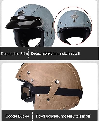 Miniatura 5 de Retro Motorcycle Leather Half Helmet, Unisex-Adult 34 Open Face Motorbike Helmets with Goggles DOT Approved Motorbike Jet Helmet for Cruiser Scooter