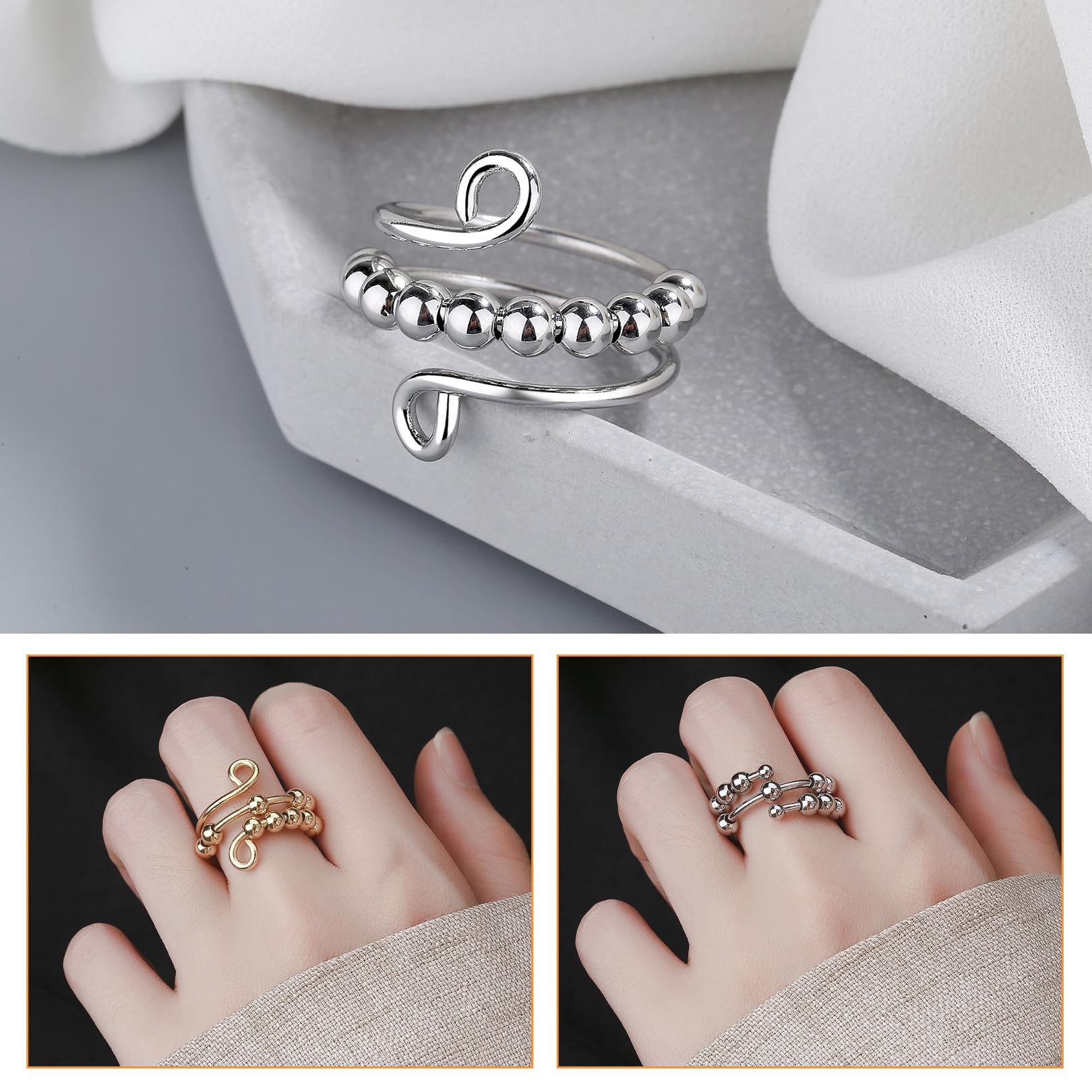 Anillo Antiestres Mujer, Juego de 8 Anillos con Cuentas Giratorias y