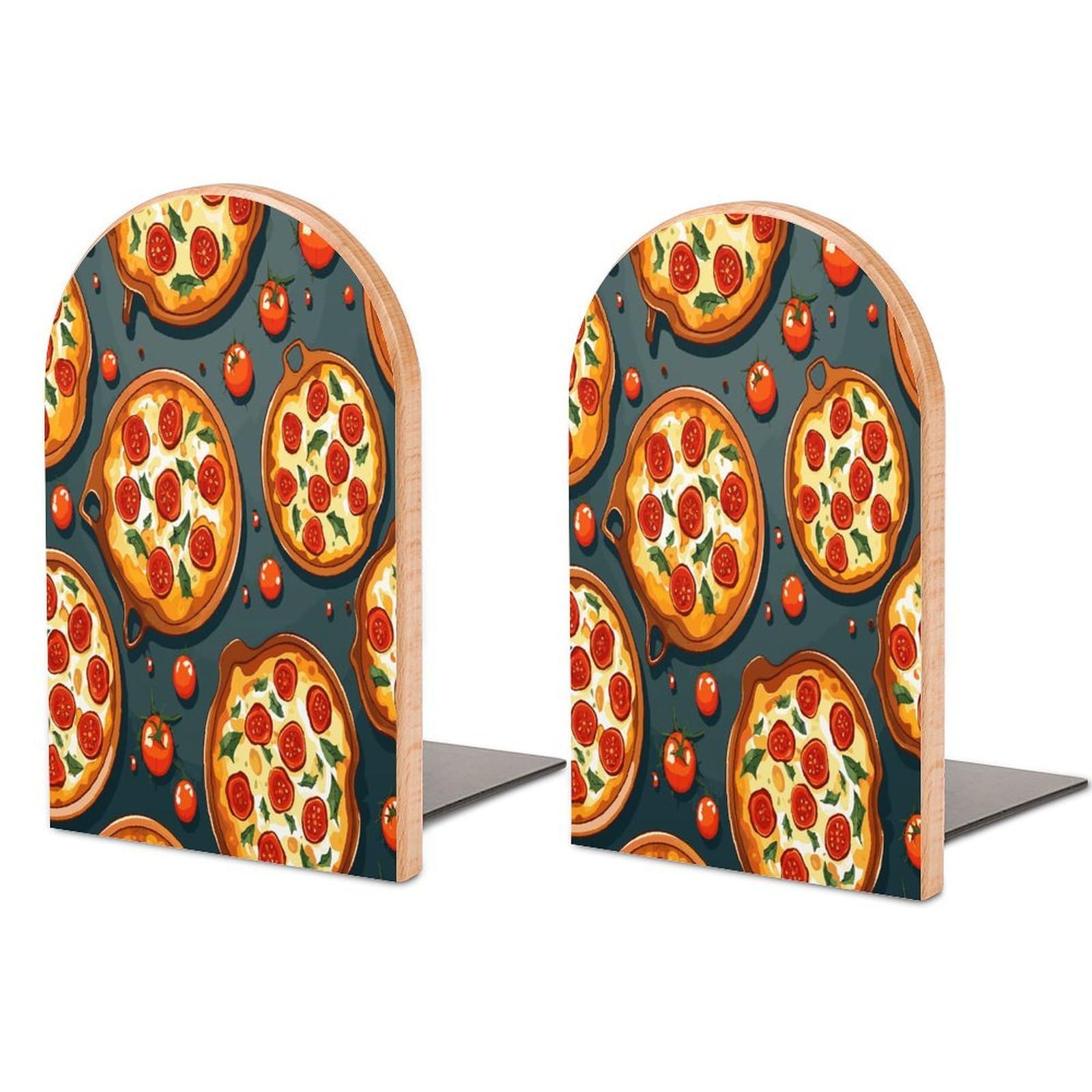 Pizza Food Bookend for Shelves Non-Skid Book Holder Modern Heavy Duty Bookend Stopper Metal Base Wood Book End Books Shelf Holder Home Decorative 1pair 5x3.9x3.1