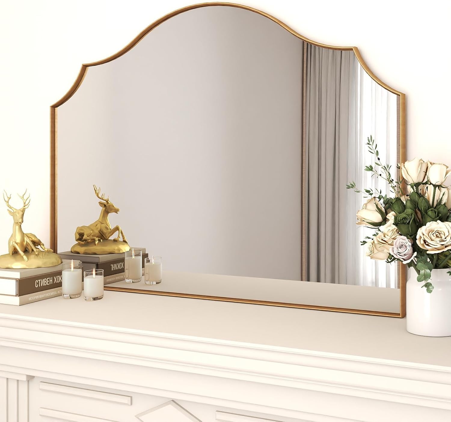 Gold Arched Vanity Mirror, 29"x39" Modern Minimalist Wall Mounted Bathroom Mirror for Living Room, Bedroom, Fireplace, Hallway Mantle, Dresser, Entryway Home Wall Mirrors Decorative