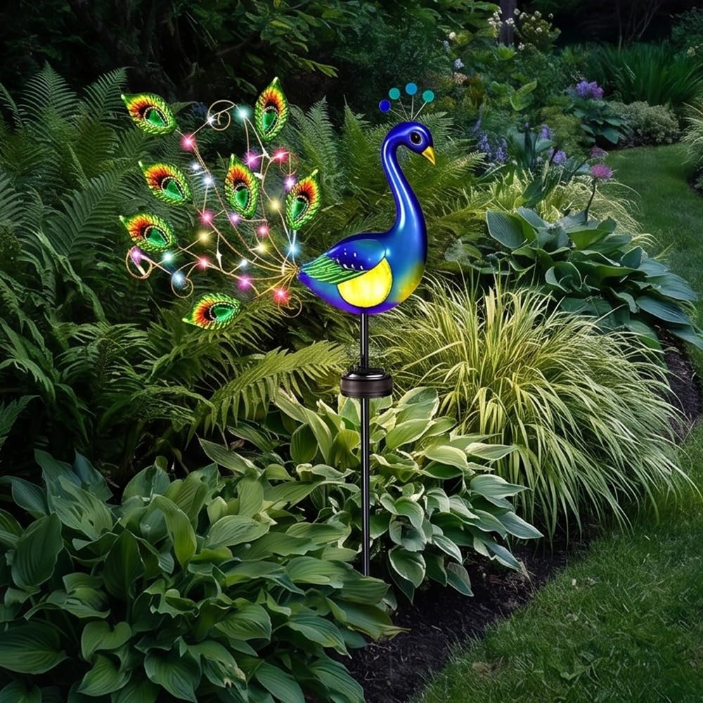 Solar Gartenstecker, Solar Vogel Pfau, Solarstecker für Außen Garten mit Bruchglas Kugel, Solar Tiere für Außen Garten, Solarleuchten für den Ga-rten, Solarfiguren für Au-ßen Gar-ten Deko