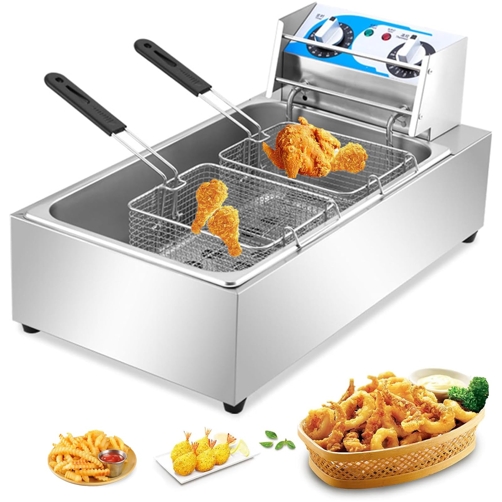 Freidora EléCtrica Comercial Tanques 10/20l Freidora De Aceite De Acero Inoxidable con Cestas para FreíR Tapas Temperatura Ajustable 50-200 Gradosc para Aros De Cebolla Pollo Papas Fritas
