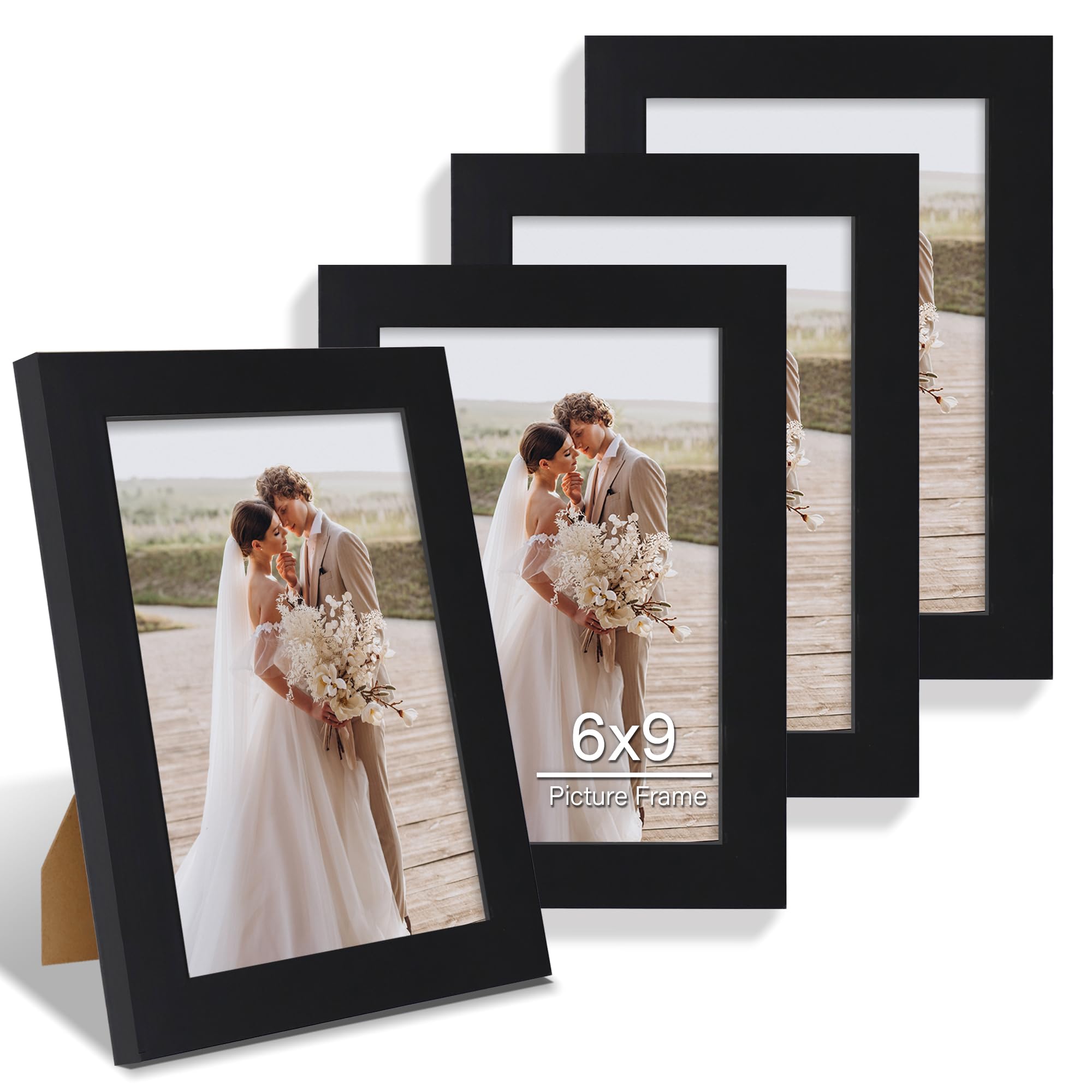 Hongkee 6x9 Picture Frame Set of 4, Made of Real Glass and Black Wooden Frame - 6 by 9 Photo for Wall or Tabletop Display