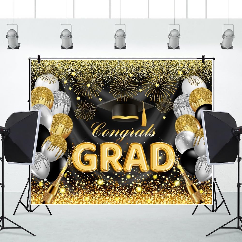 10x8ft Black and Gold Graduation Backdrop Class of 2026 Glitter Balloons Fireworks Congrats Grad Backdrops for Photoshoot Congratulations Grad Graduations Party Decorations Photography Background