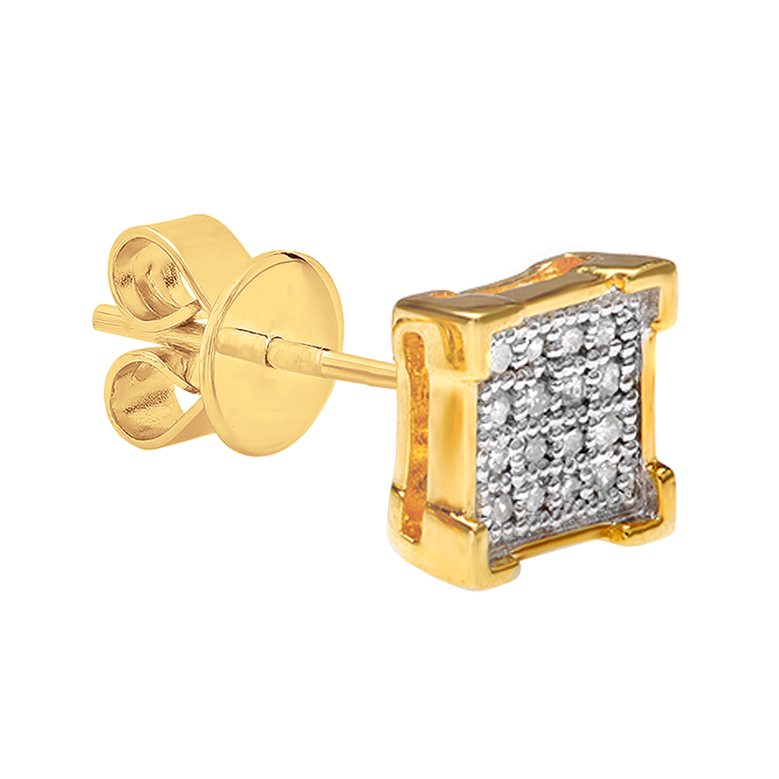 Dazzlingrock Collection Round White Diamond Square Frame 1Pc Stud Earring for Men (Color I-J, Clarity I2-I3) in Yellow Plated Sterling Silver in Push Back