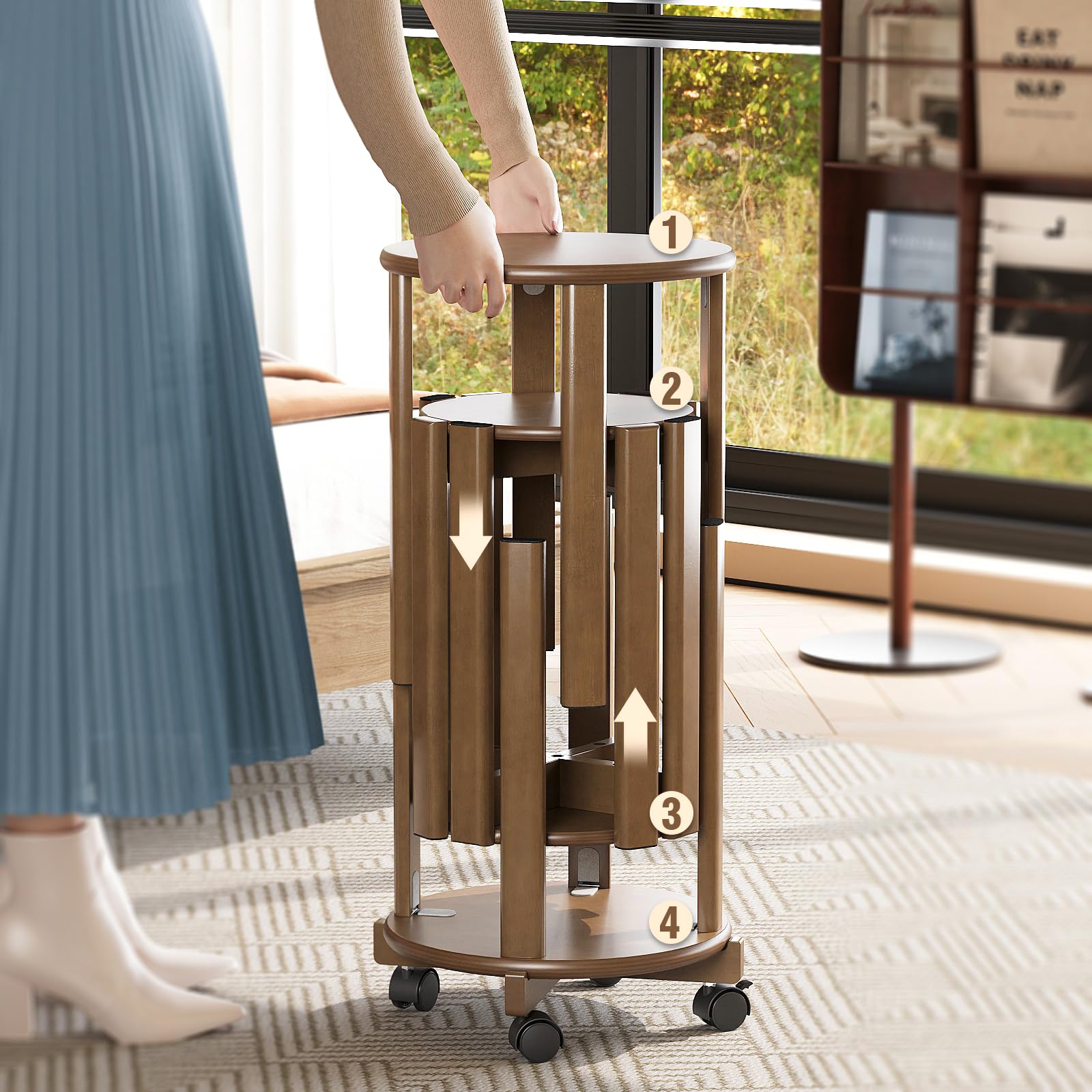 Sgabello impilabile in bambù con ruote, set 4-in-1, sgabello, tavolino e sedia, altezza 46 cm, per sala da pranzo, senza montaggio, per cucina, soggiorno, camera da letto, noce