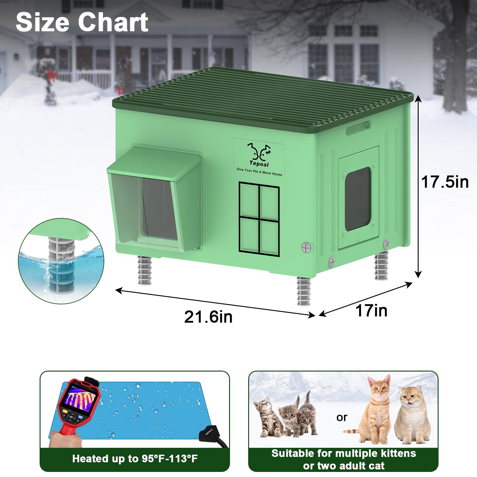 Condition photo showing New/Like New for Large Plastic Heated Cat House for Outside, Elevated Outdoor Cat Shelter 100% Weatherproof & Insulated with Safe Escape Door, Outdoor Cats House with Heated for Barn Cats Green 21.6"X17"X17.5"