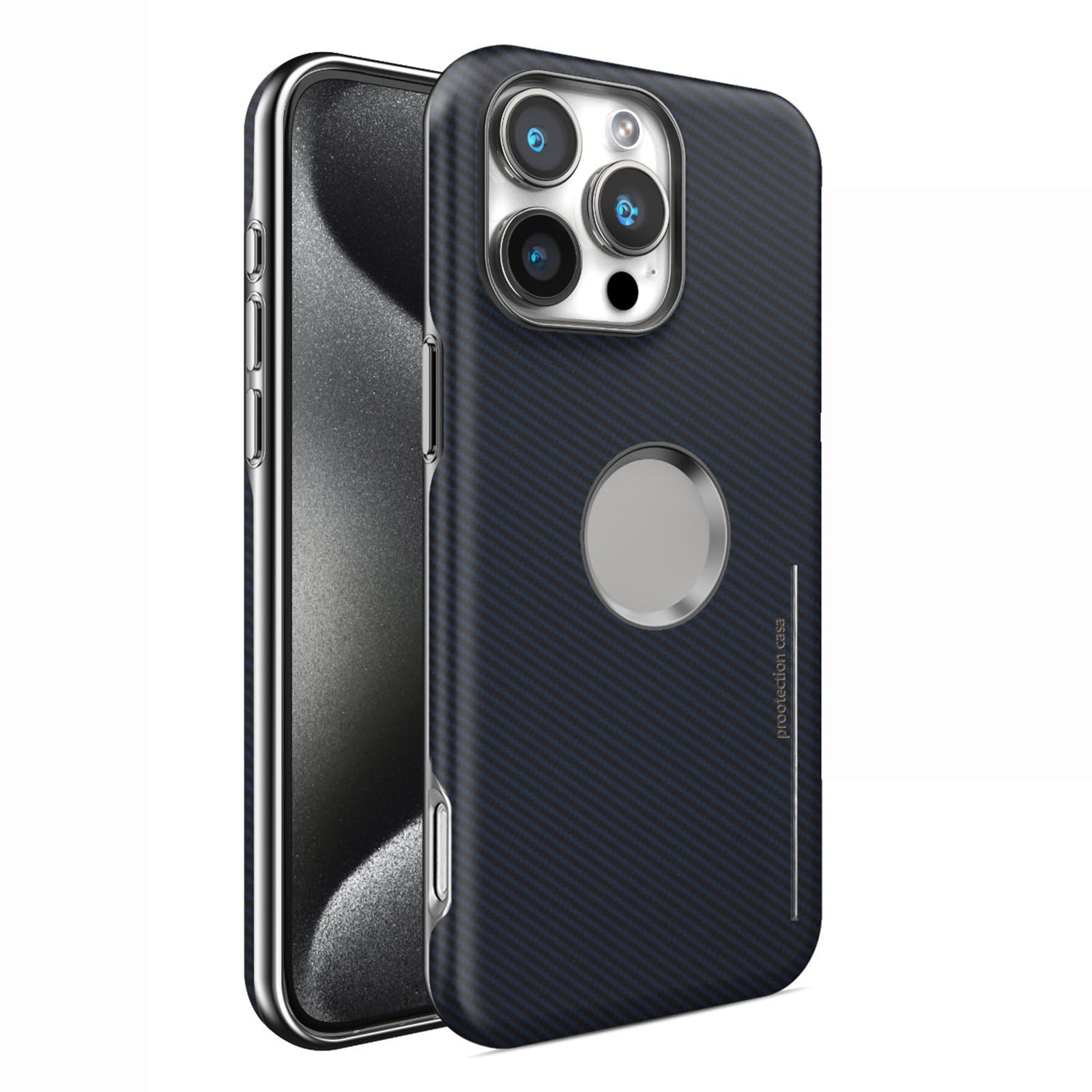 Magnetyczne skórzane etui na iPhone'a 16 Pro Max / 16 Pro/16 Plus/16, tekstura włókna węglowego, osłona zapobiegająca odciskom palców, design logo, smukłe, biznesowe etui ochronne, niebieskie