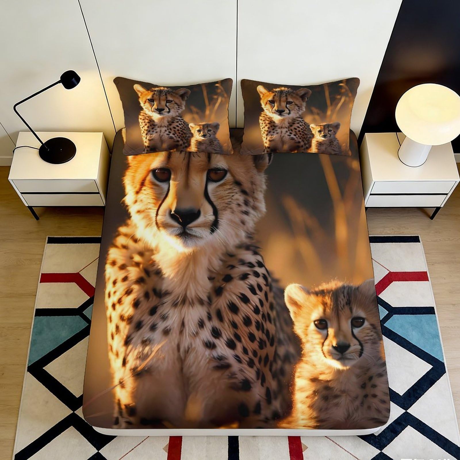 3D Printed Cheetah Family Fitted Sheet Microfiber Soft Animal Bedroom Decor Mattress Cover for Home Dorm 90x200x25cm