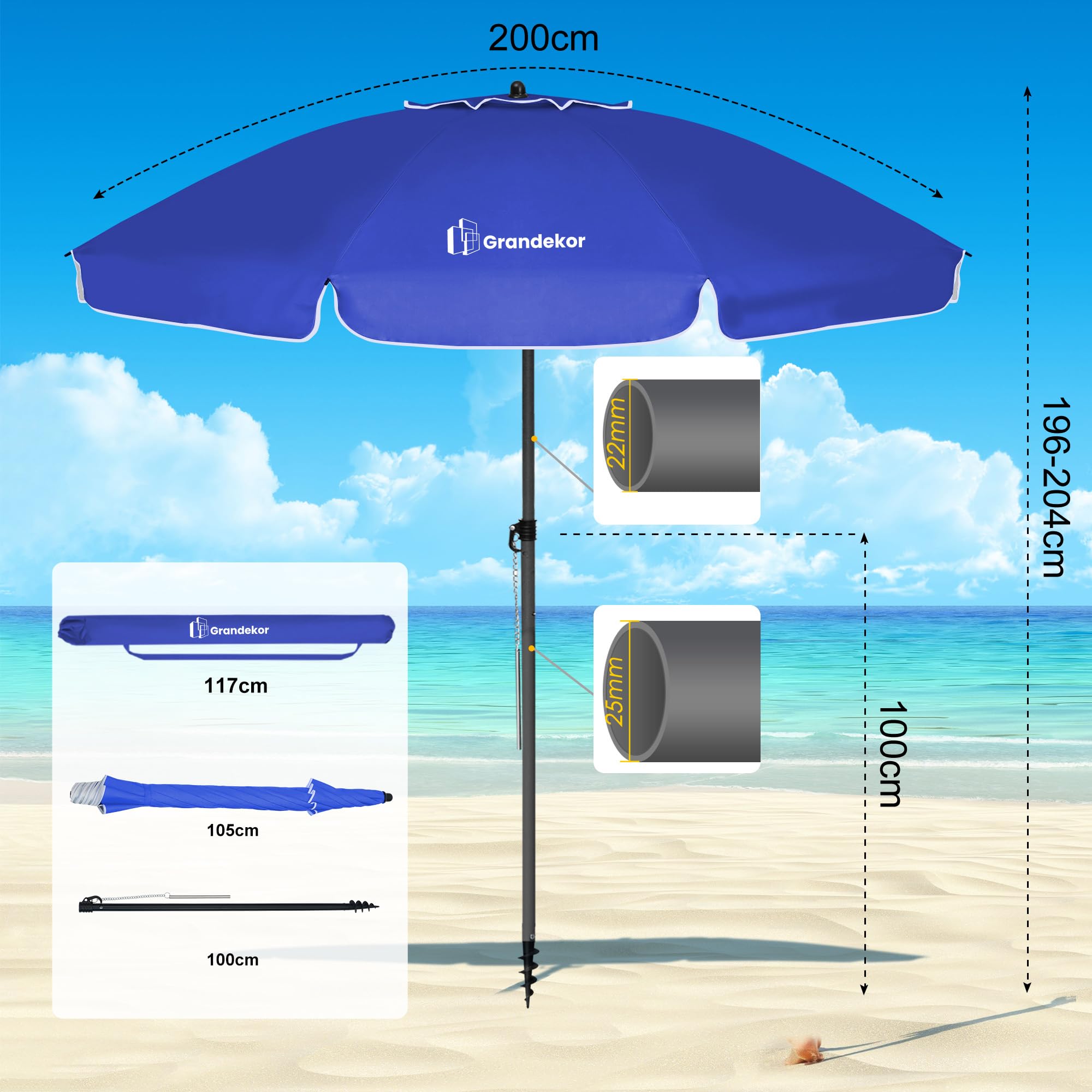 Grandekor Parasol de Plage, Parasol de Jardin Exterieur, UV50+, Ombrelle réglable en Hauteur et Inclinaison, avec Ancre de Plage de 12cm, pour Plage, Balcon & terrasse, 200cm, Bleu