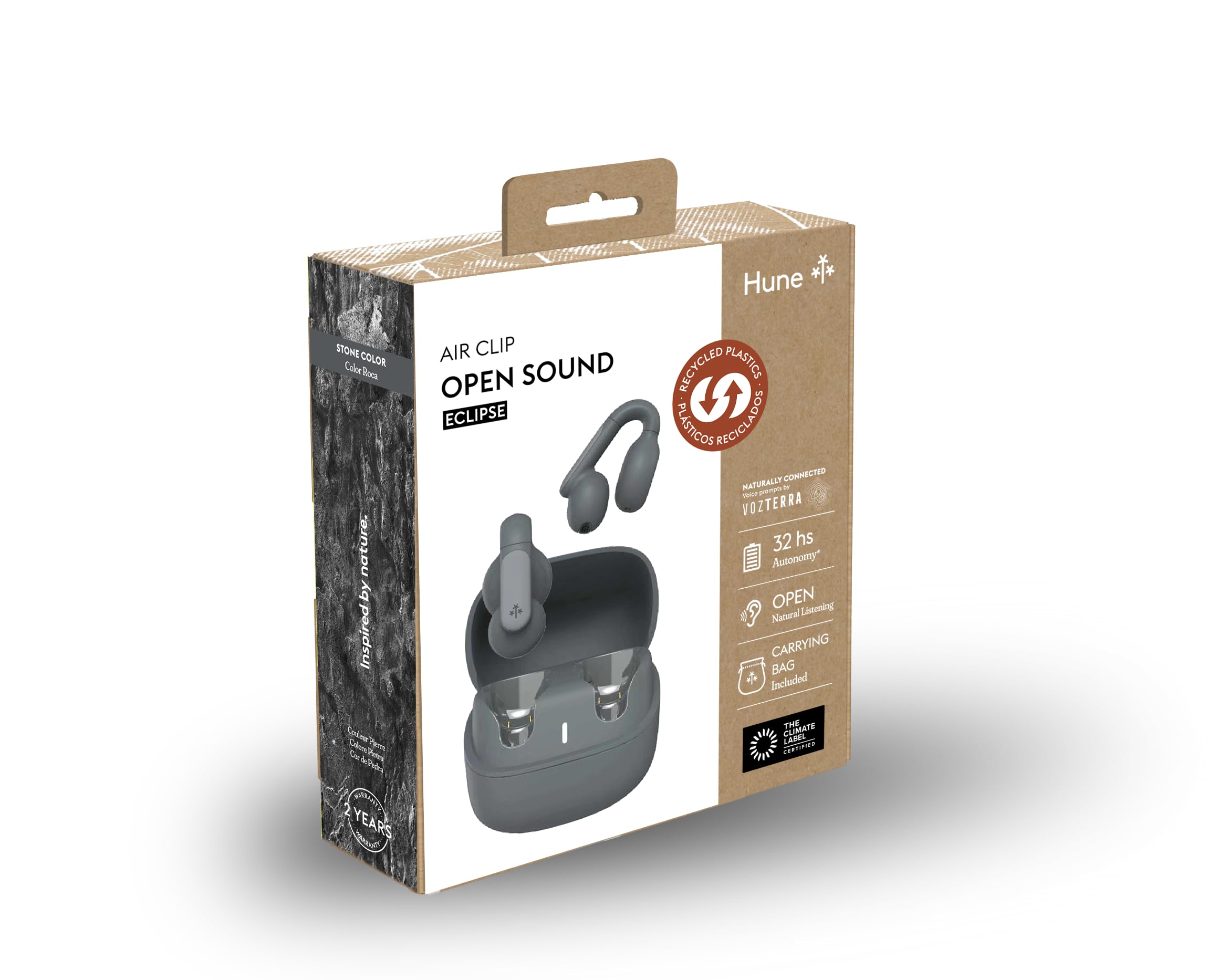HUNE Eclipse Auriculares Open Ear Bluetooth 5.3, Conducción Aérea OWS, Diseño Clip-On Cómodo, Ajuste Seguro para Deporte y Oficina, Micrófono Dual, Multipoint, USB-C, Gris