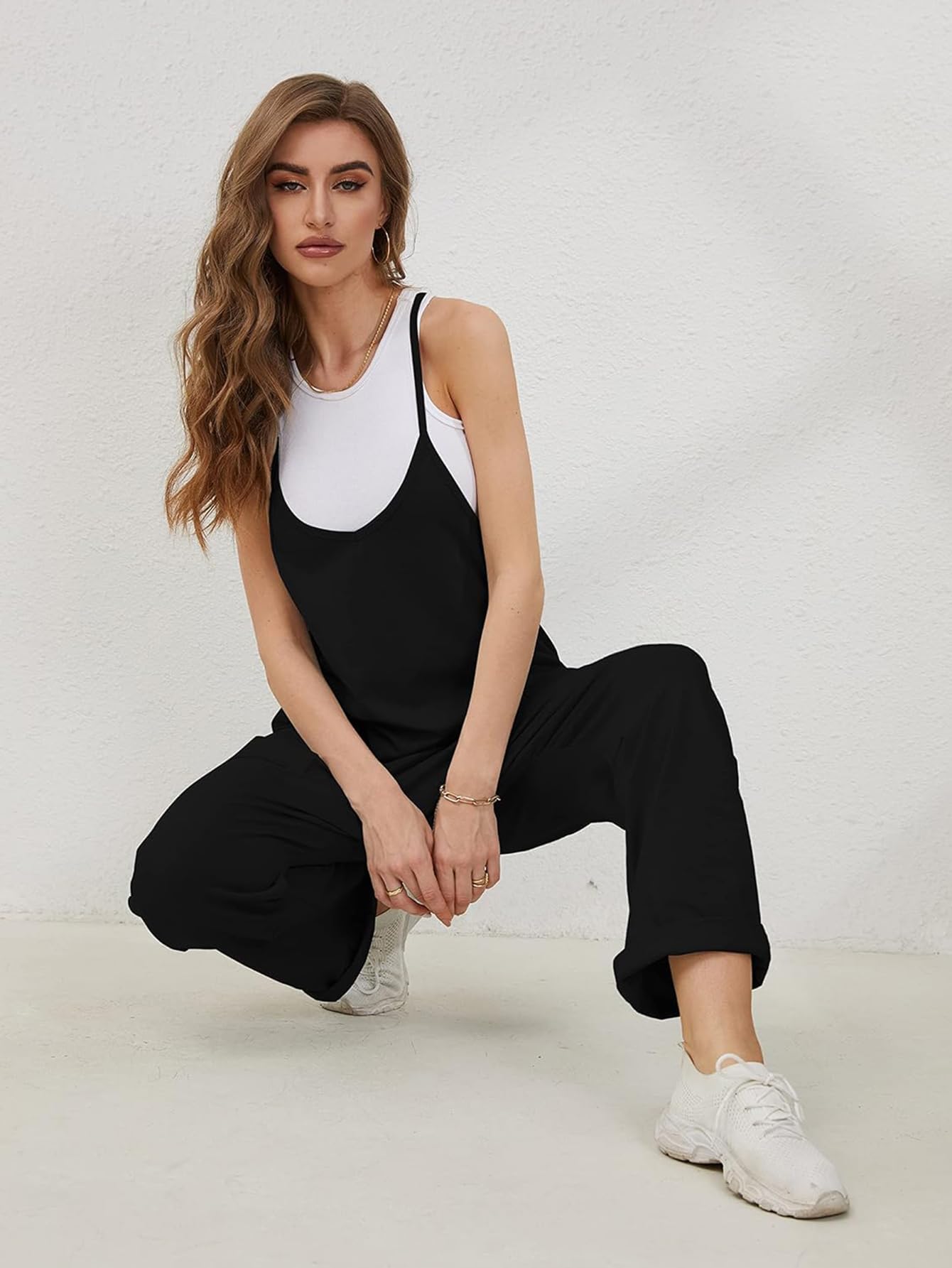Omoone Salopette décontractée sans manches en coton pour femme avec poches