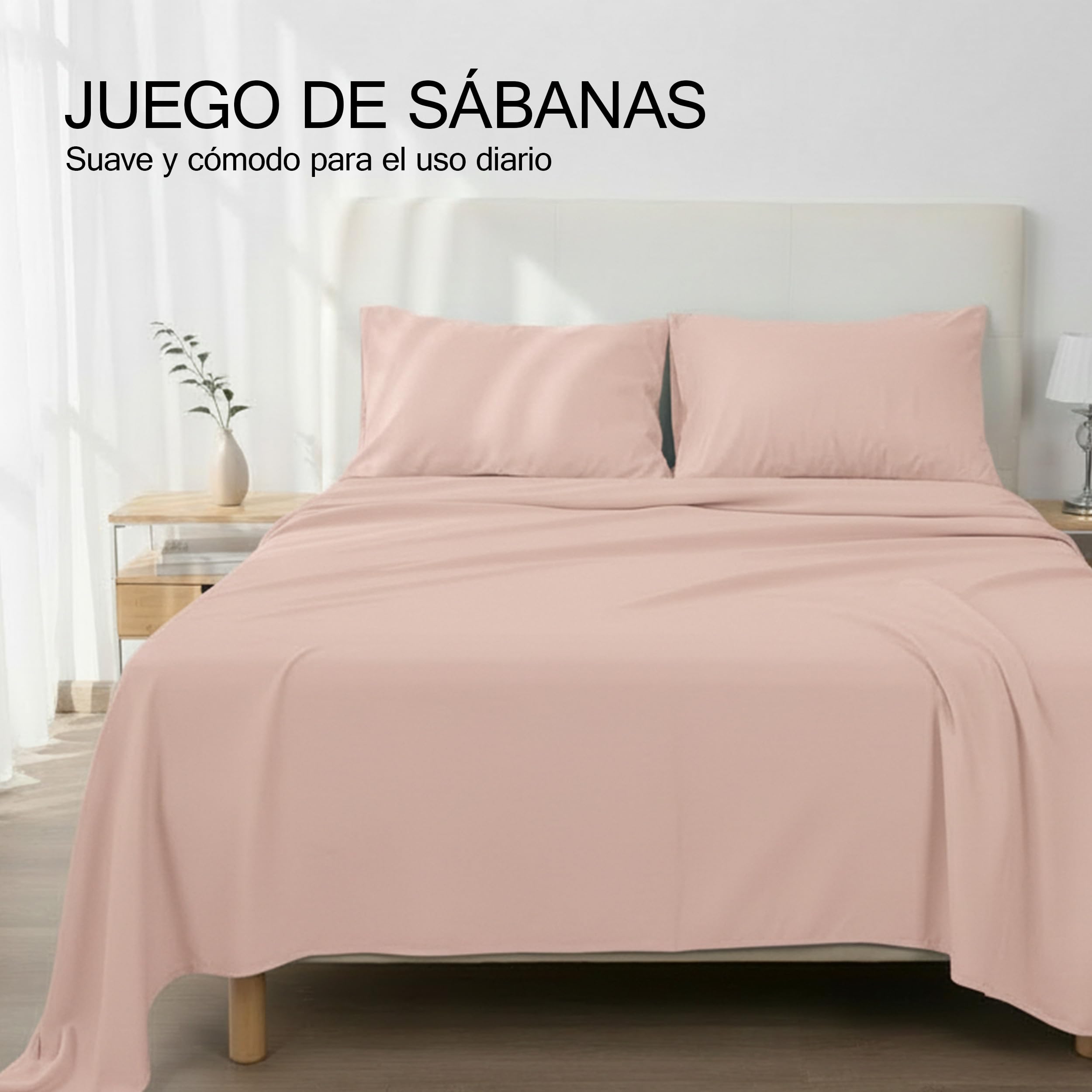 H HANSEL HOME Juego de Sábanas de Microfibra Cepillada, Sábana Bajera Ajustable Altura 30 cm, Encimera y Fundas de Almohada, para Cama 135cm, 4 Piezas 135x190/200cm - Rosa Claro - 2