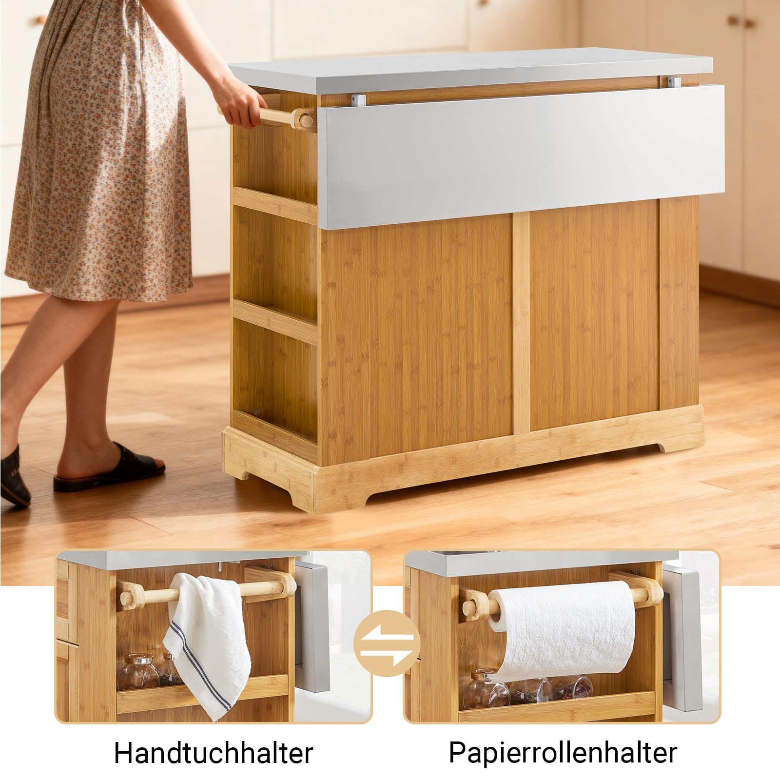 SoBuy Kücheninsel freistehend mit ausziehbarer Edelstahl-Arbeitsplatte – Küchenwagen mit Schubladen für Küche, Esszimmer und Garten, Innen- und Außenbereich, Naturholz, 107x92,5X(46–71) cm, FKW130-N