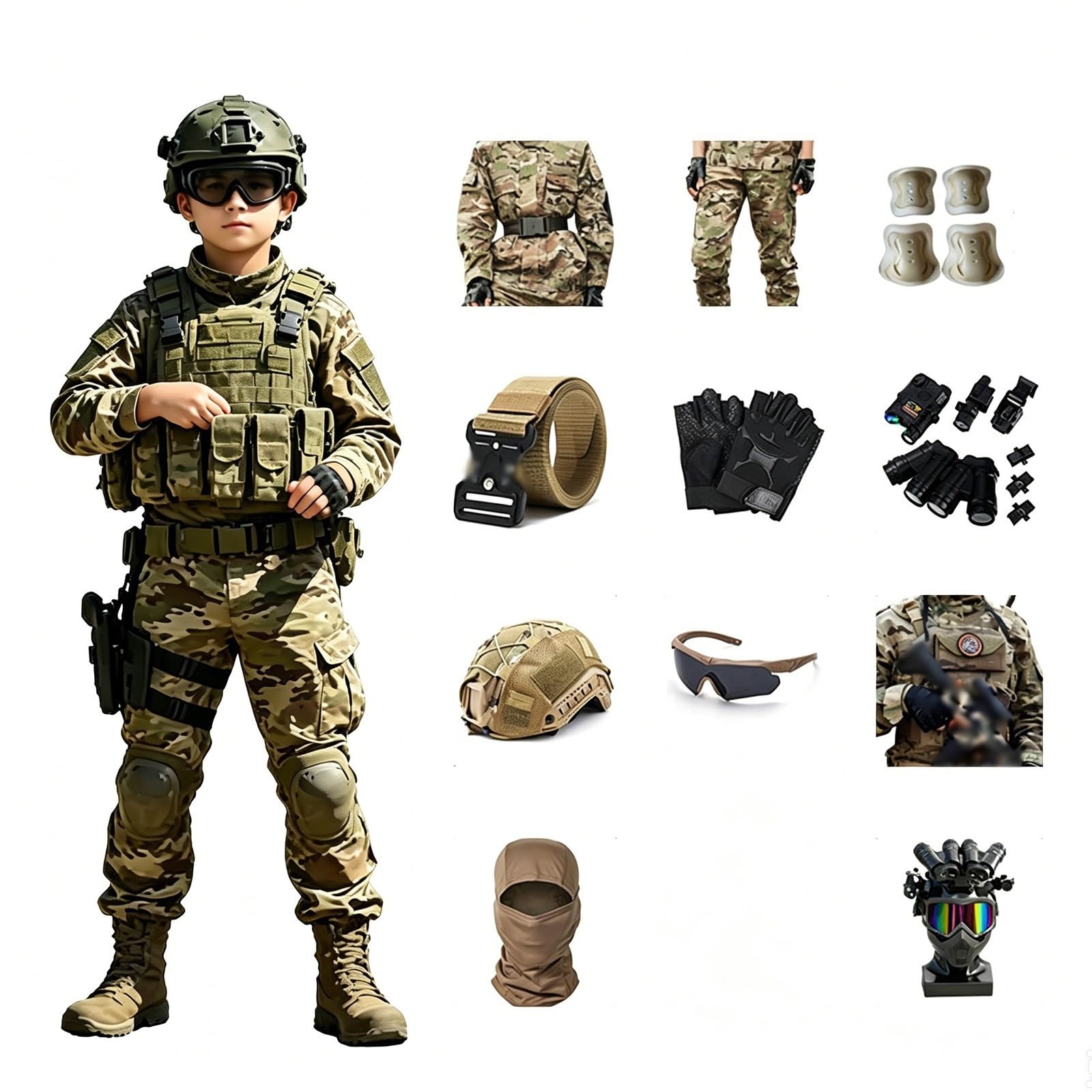 Kinder Militär Kostüm Set Soldat Armee Rollenspiel Outfit mit Zubehör, Halloween und Geburtstags Geschenk Verkleidungsset