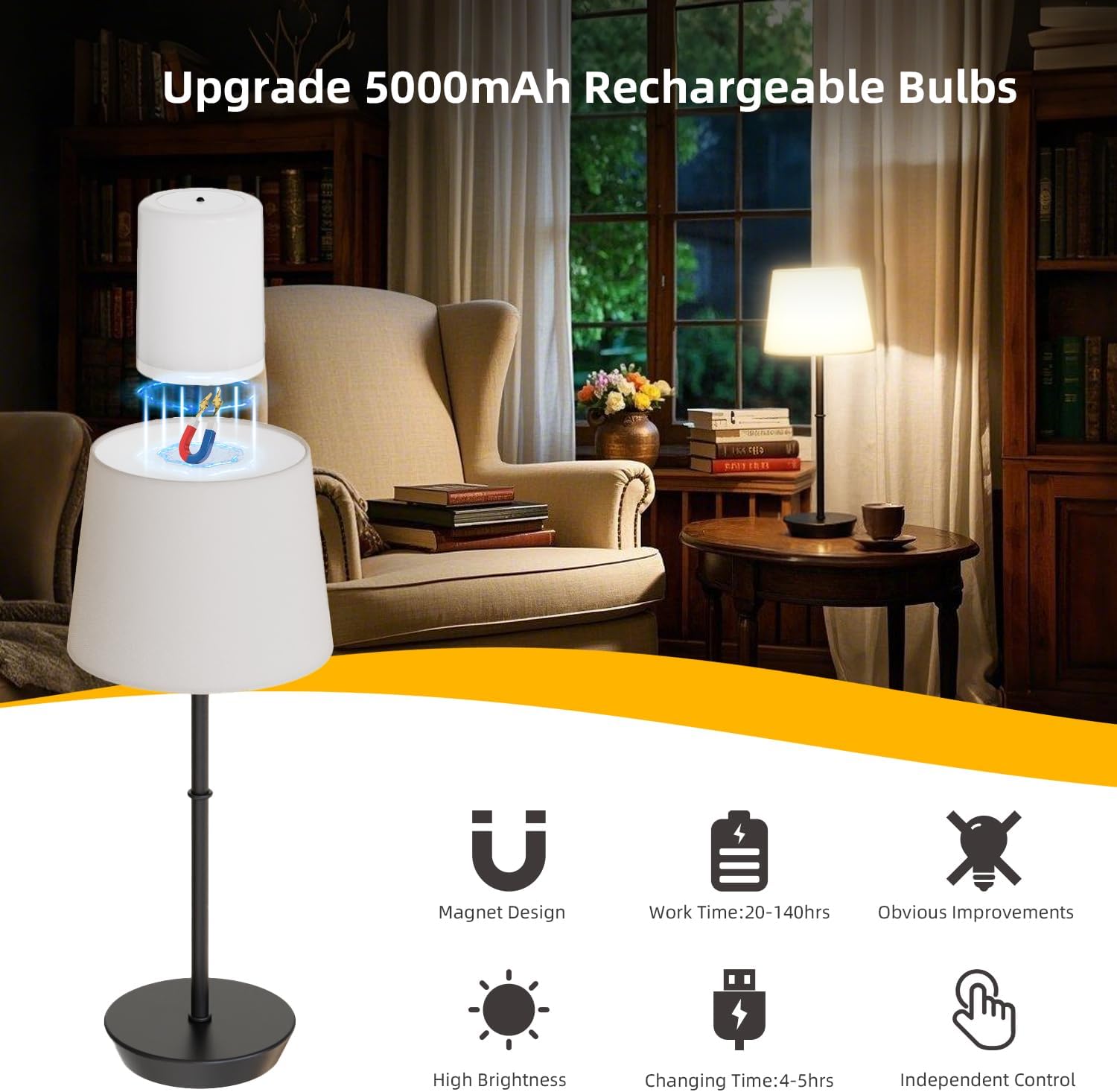 Rechargeable Table Lamp, 5000mAh Battery Powered Cordless Desk Lamp with Dimmable Magnetic RGB Bulbs & Remote, Mini Touch Lamp for Living Room, Restaurant, Kitchen Counter, Bedside