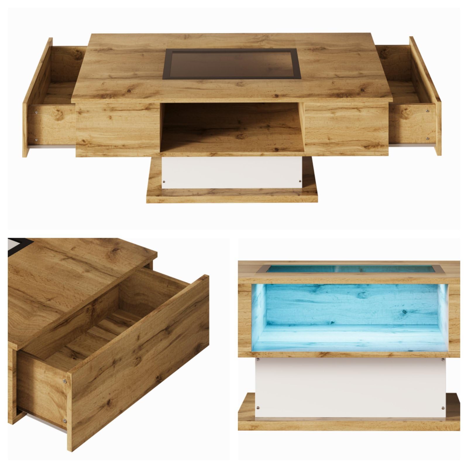 KOMHTOM Table Basse avec LED Table Basse Coffre avec 2 tiroirs et 1 Compartiment de Rangement Ouvert, Table d'appoint avec Plateau en Verre Meubles de Salon Modernes (A)