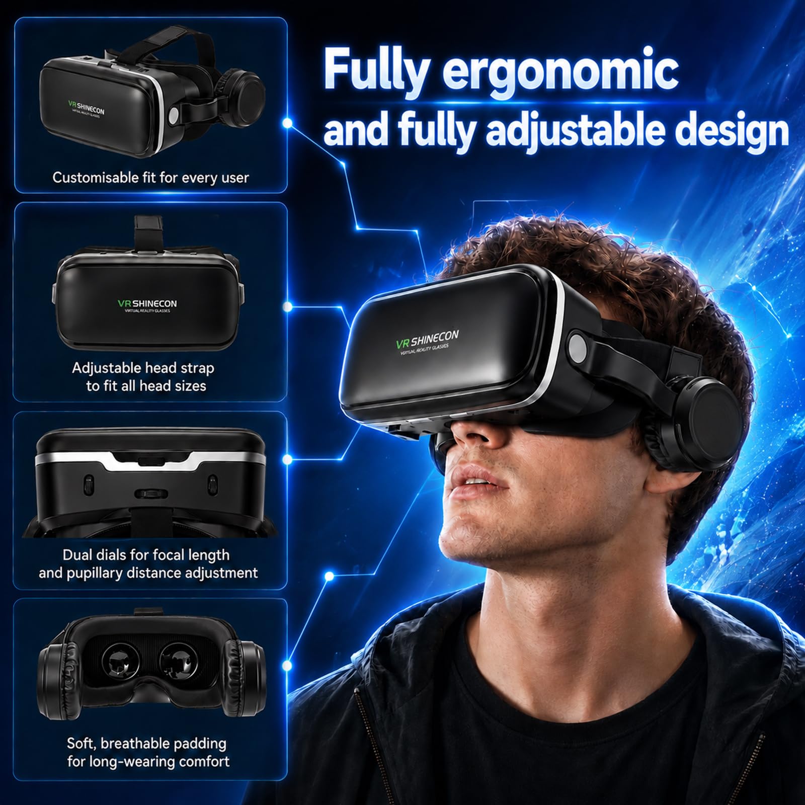 Occhiali VR 3D per Smartphone 4,7-7,2", Visore Realtà virtuale