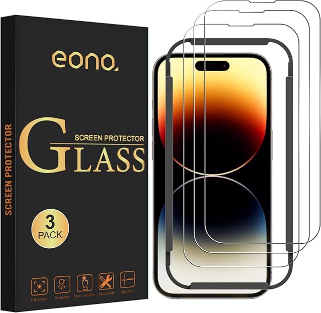 Amazon Brand - Eono Screen Protector for iPhone 14 Pro Max 6.7-Inch, 0.26 mm 9H Tempered Glass Screen Protector, Anti-Shatter Film with Easy Installation Tool, 3-Pack