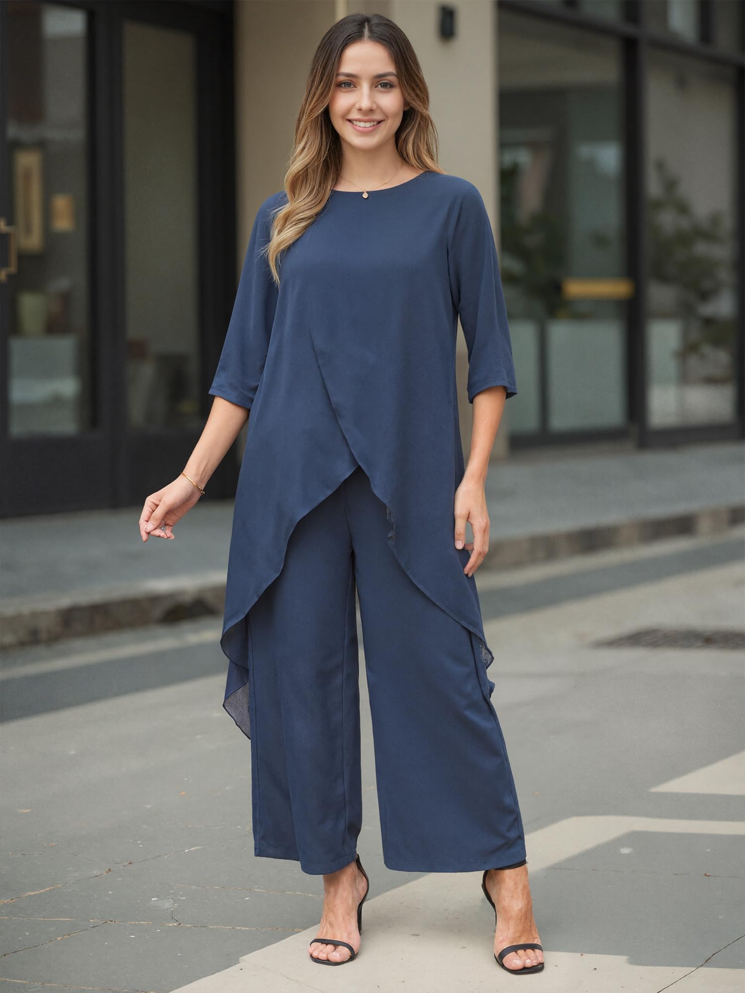 Seta T Set di 2 pezzi da donna in chiffon, estivi, con pantaloni alti e bassi, set formale per ospiti di nozze
