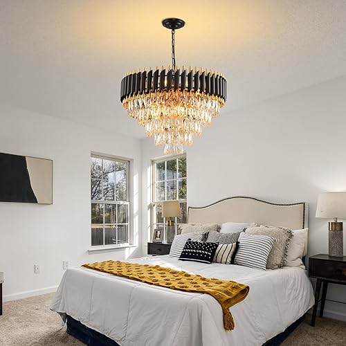 Miniatura 4 de Candelabro moderno de cristal negro y dorado, lámpara colgante redonda de 5 niveles, lámpara de techo empotrada para comedor, sala de estar,