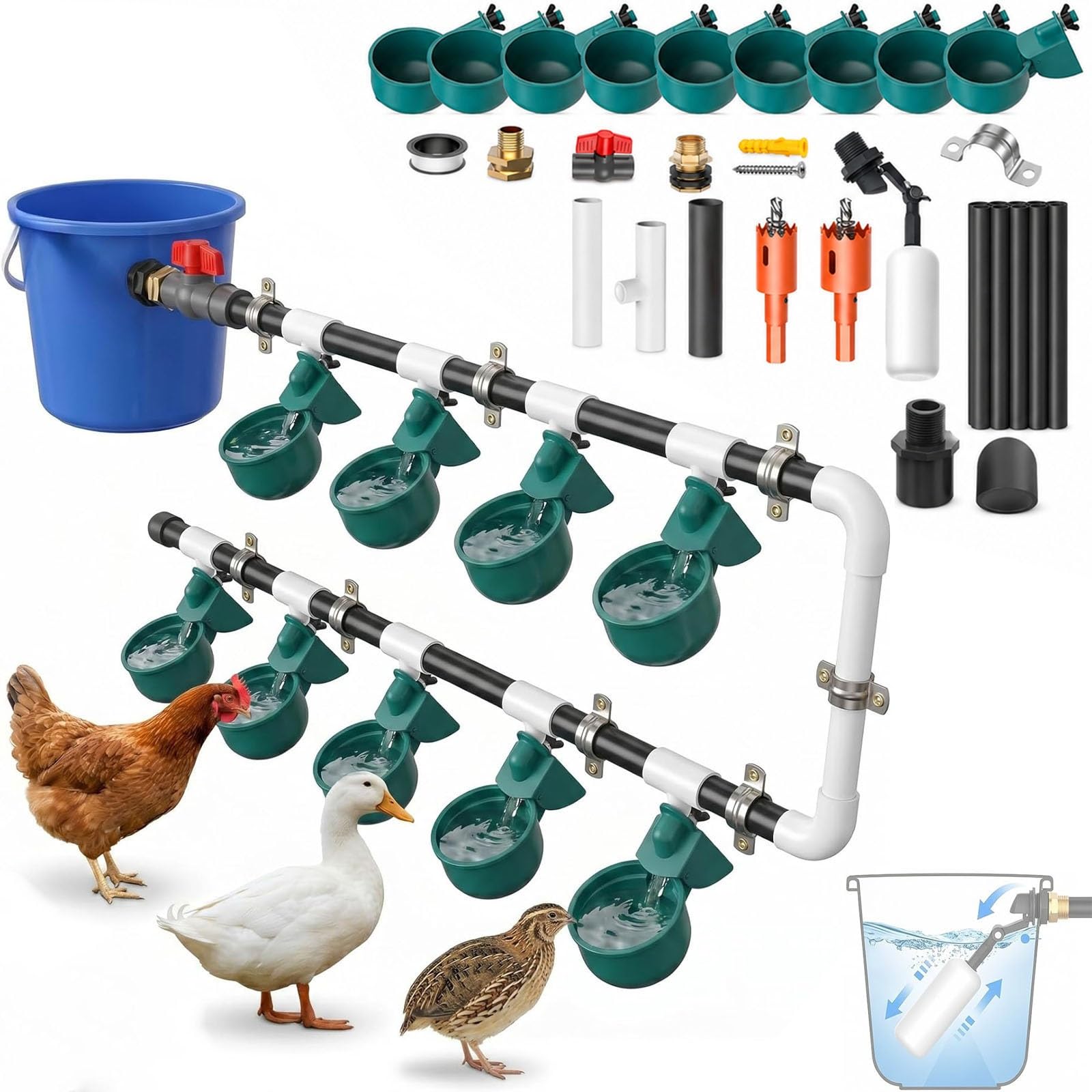 Juego Completo De Bebederos Y Dispensadores De Agua Para Aves, Sisteme Automático De Riego Para Avicultura Con 9 Copas Bebederas, 10 Tubos Y Válvula De Flotador, Kit De Bebederos