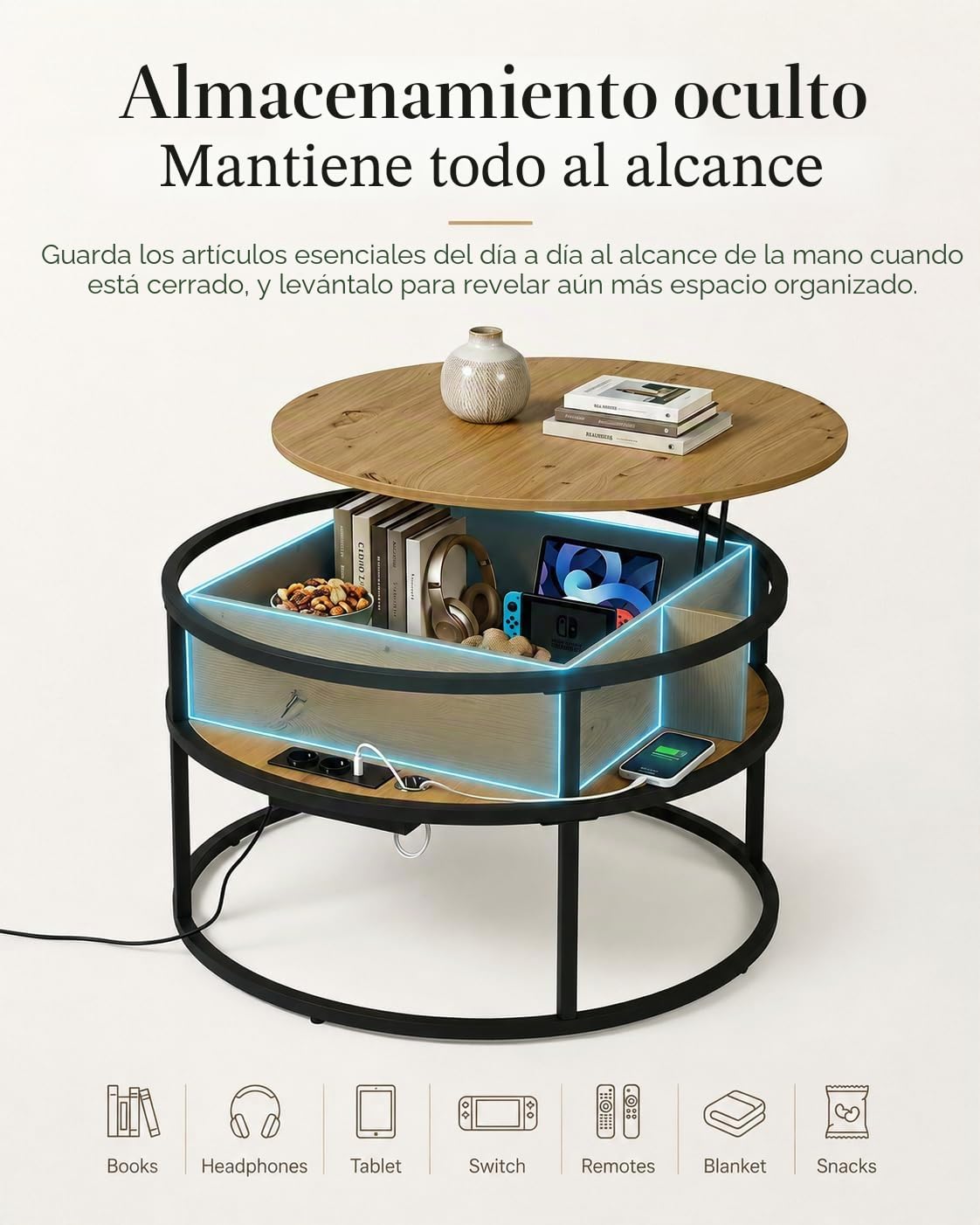 Mesa de Centro Elevable, Mesa de Centro Madera 80 x 80 x 48 cm, Mesa Elevable con Puertos USB y Tipo C, Luz LED y Compartimento Oculto, Mesa Auxiliar Sofa con Almacenamiento, Mesa Redonda