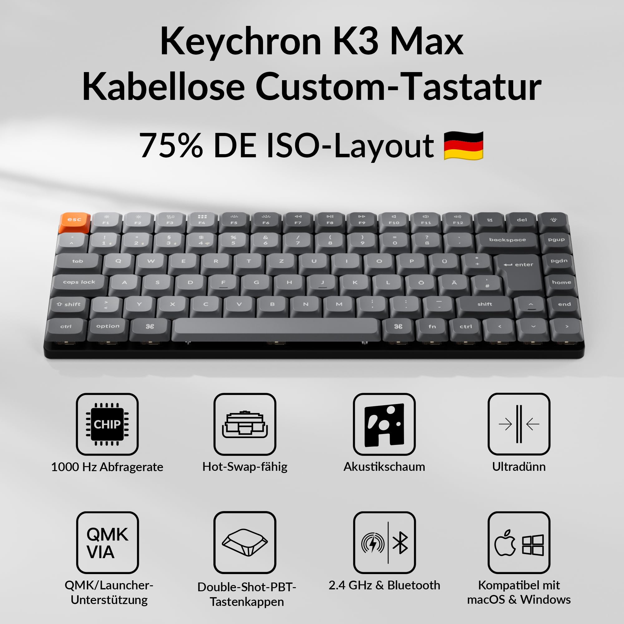Keychron K3 Max kabellose mechanische Tastatur, 2,4 GHz/Bluetooth 5.1, programmierbar mit QMK/Launcher, 75%-ISO-DE-Layout, QWERTZ-Gaming-Tastatur für Mac/Windows – Gateron Low-Profile-Braun-Schalter