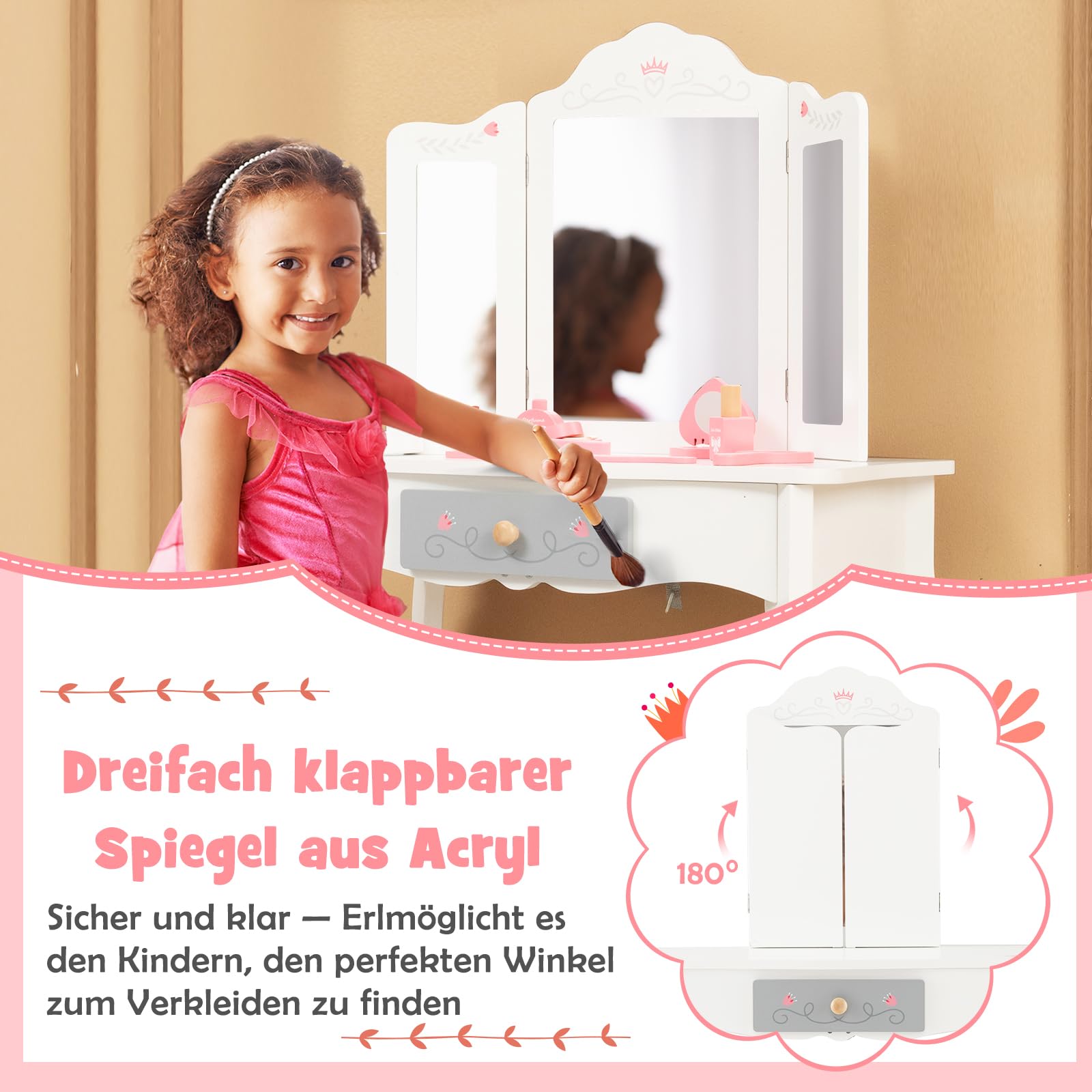DREAMADE 2 IN 1 Kinder Schminktisch mit 10 TLG. Spielzubehör und Hocker, Prinzessin Frisiertisch mit Schublade, Kosmetiktisch Kinderschminktisch aus Holz für Mädchen ab 3 Jahren, weiß