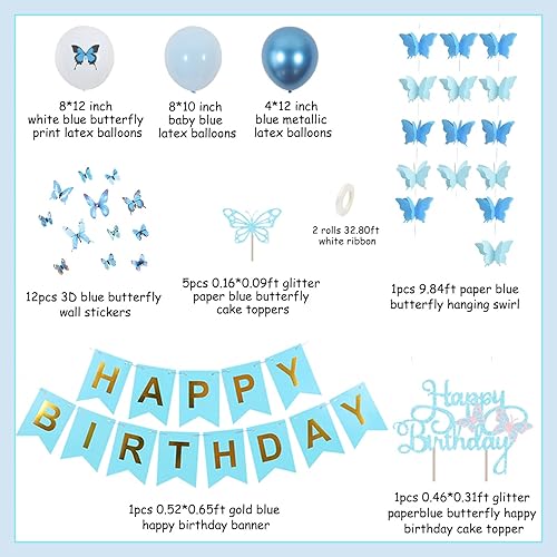 Miniatura 6 de Decoraciones de cumpleaños de mariposa azul para niña, 40 unidades, pancarta de feliz cumpleaños, guirnaldas colgantes de mariposas, decoración de