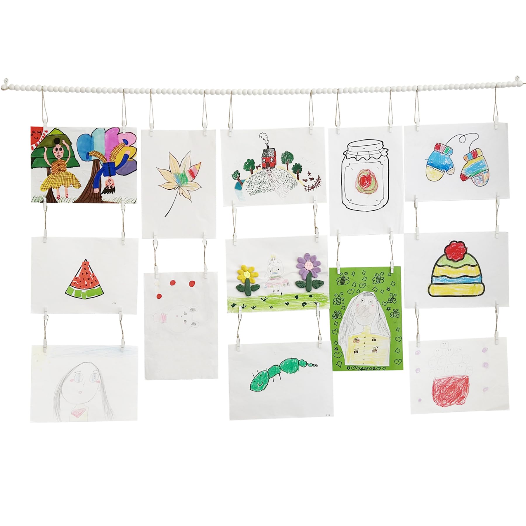 Art Display for Kids Artwork,Hanging Photo Display with 36 Clips, Boho Wooden Beads Kids Art Frame Display Holder for Classroom, Bedroom Wall Decor (
