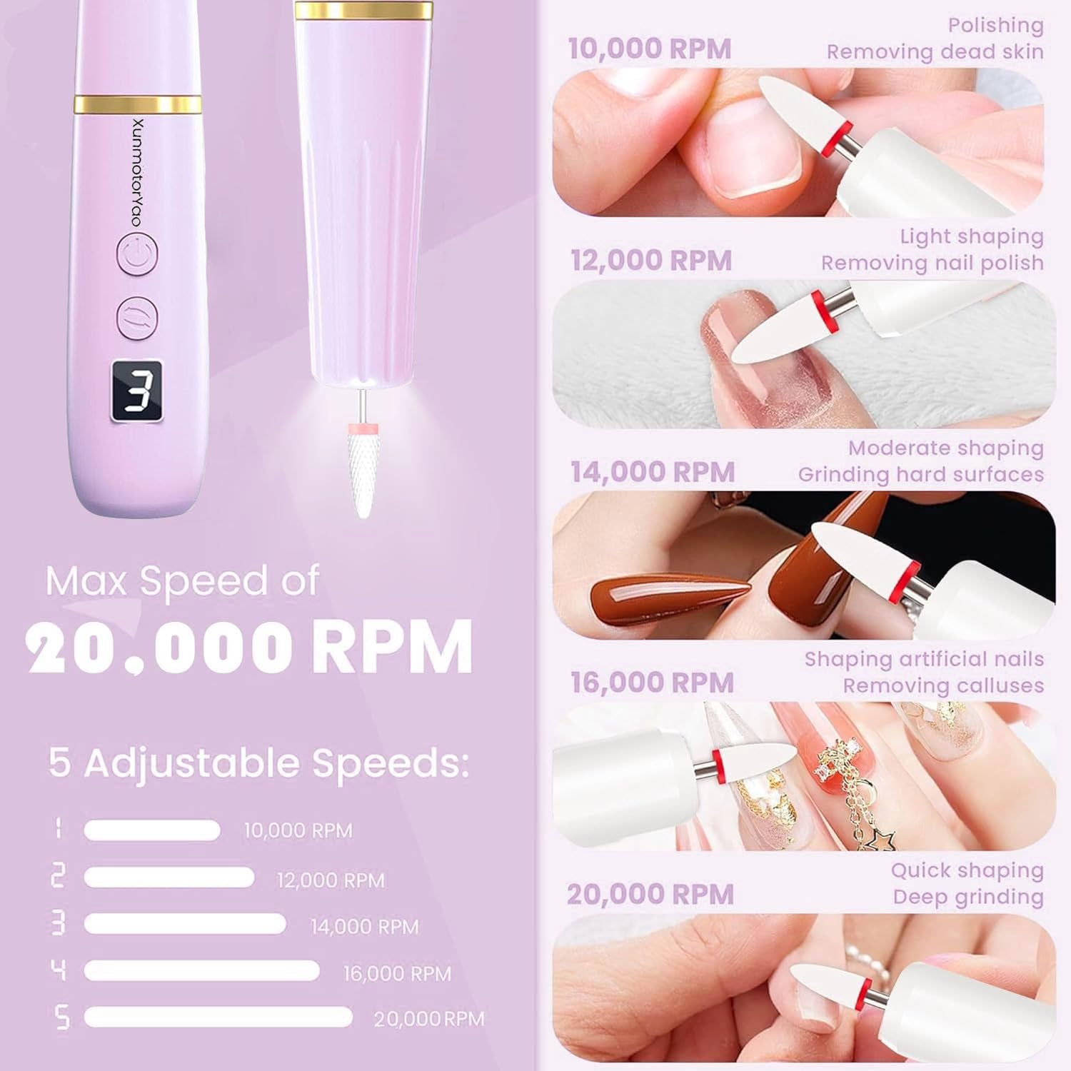 Professional Electric Nail Drill File, Cordless Nail Drill Machine kit for Acrylic Gel Dip, 12 in 1 Nail Machine Kit Portable Rechargeable Manicure Pedicure Tools for Home Salon(Purple)