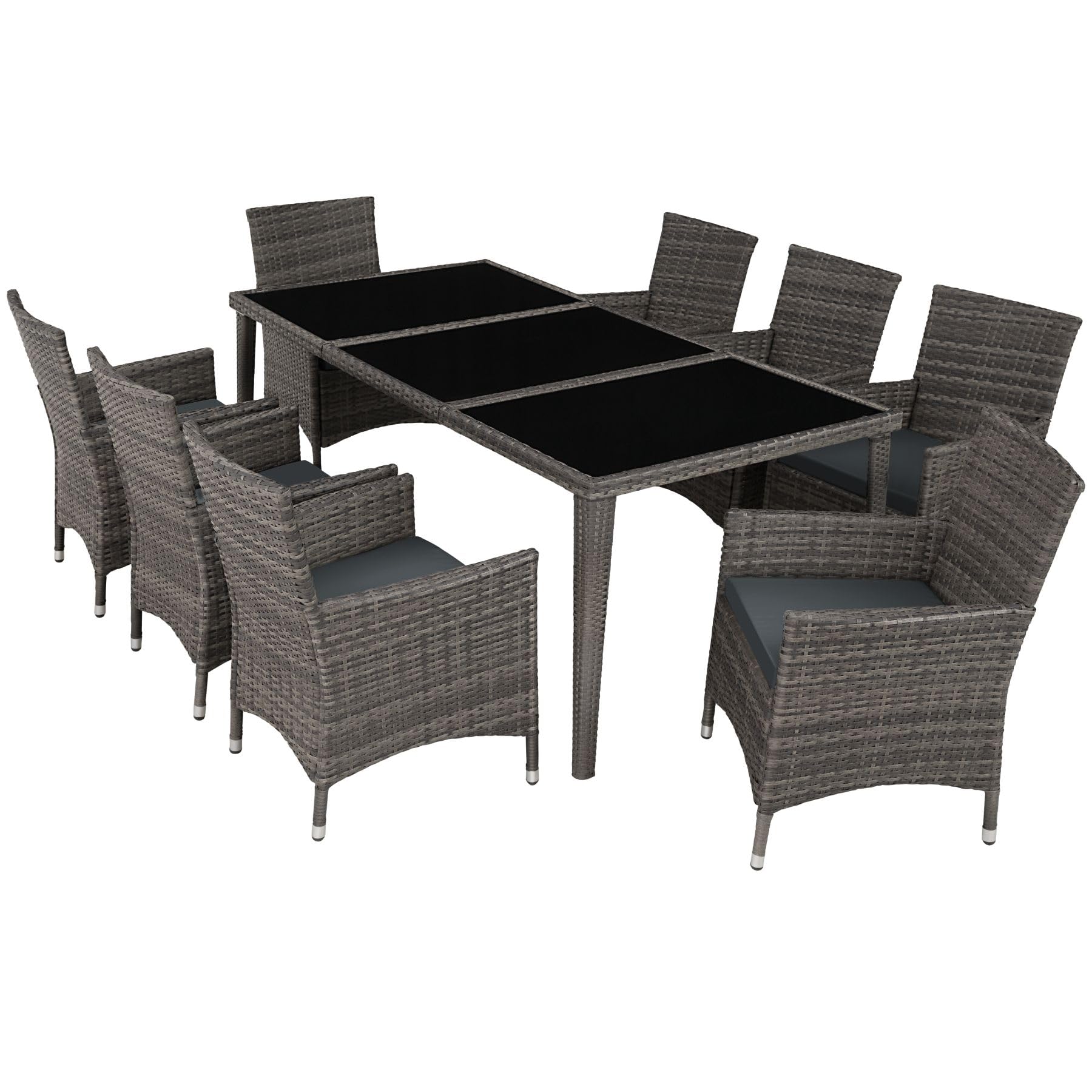 TecTake® Conjunto Jardín Exterior de Ratán y Aluminio, Muebles Jardín Exterior Resistente a la Intemperie, 8 Sillas con Cojines, 1 Mesa con Cristal, 2 Juegos de Fundas y Funda Protectora - Gris