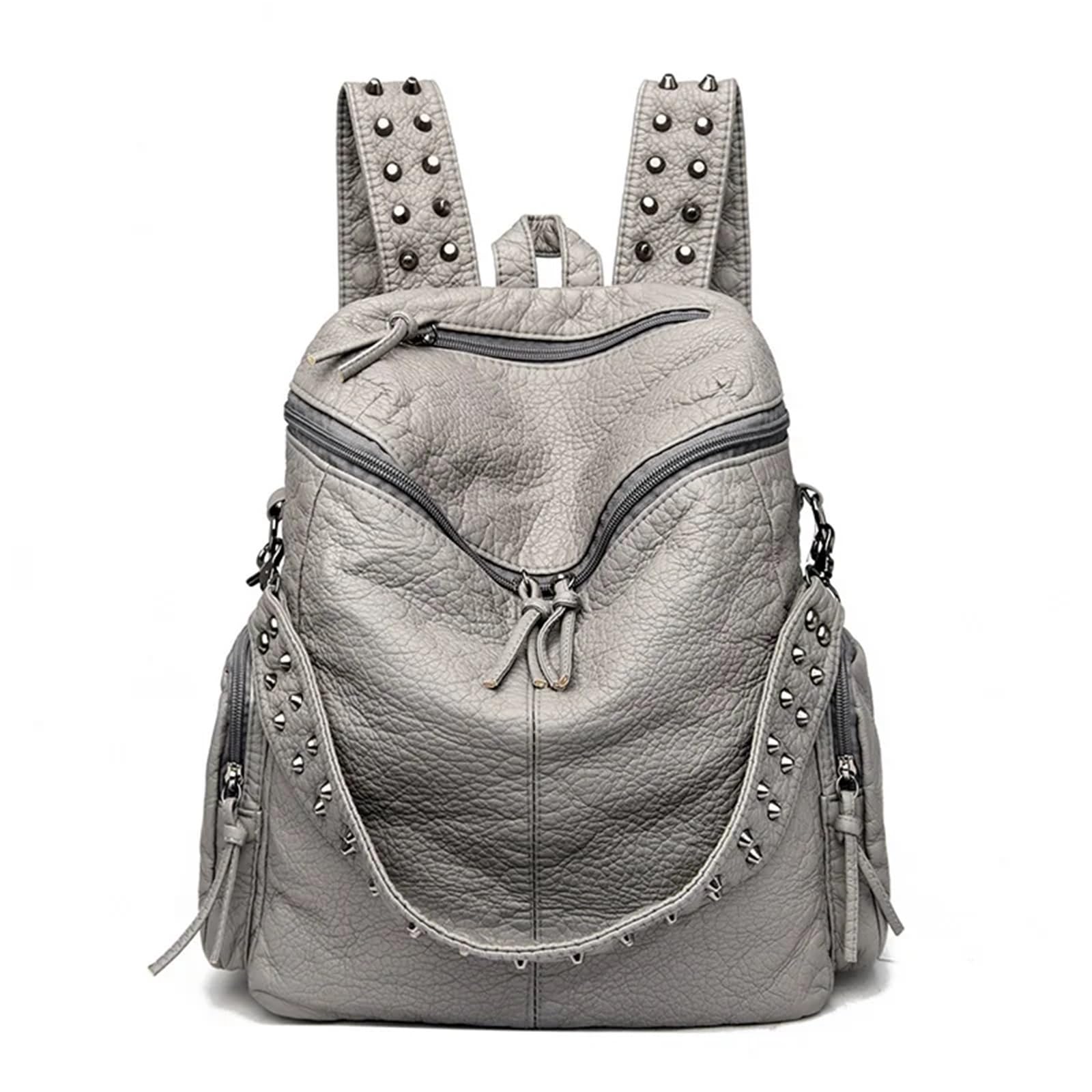 XUWEWI Rivet Backpack Rivet Soft Leather Backpacks for Women Ladies Shoulder Bag Large Capacity School Bags Backpack For Outdoor Activities(GRAY)