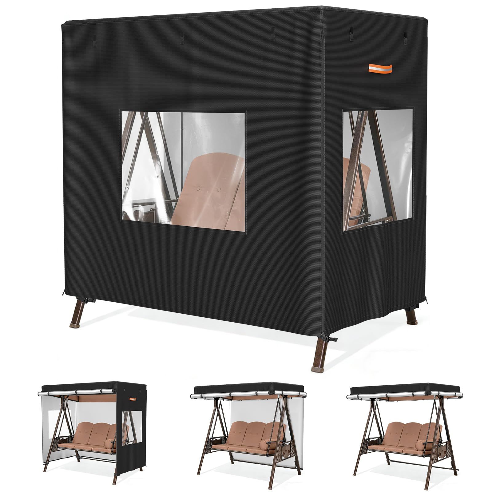 Roasivi Outdoor Swing Cover 87"L x 49"W x 67"H 3-Seat Waterproof Porch Swing Cover Non-Disassembly Design Anti-UV & Windproof All-Weather Protection Black