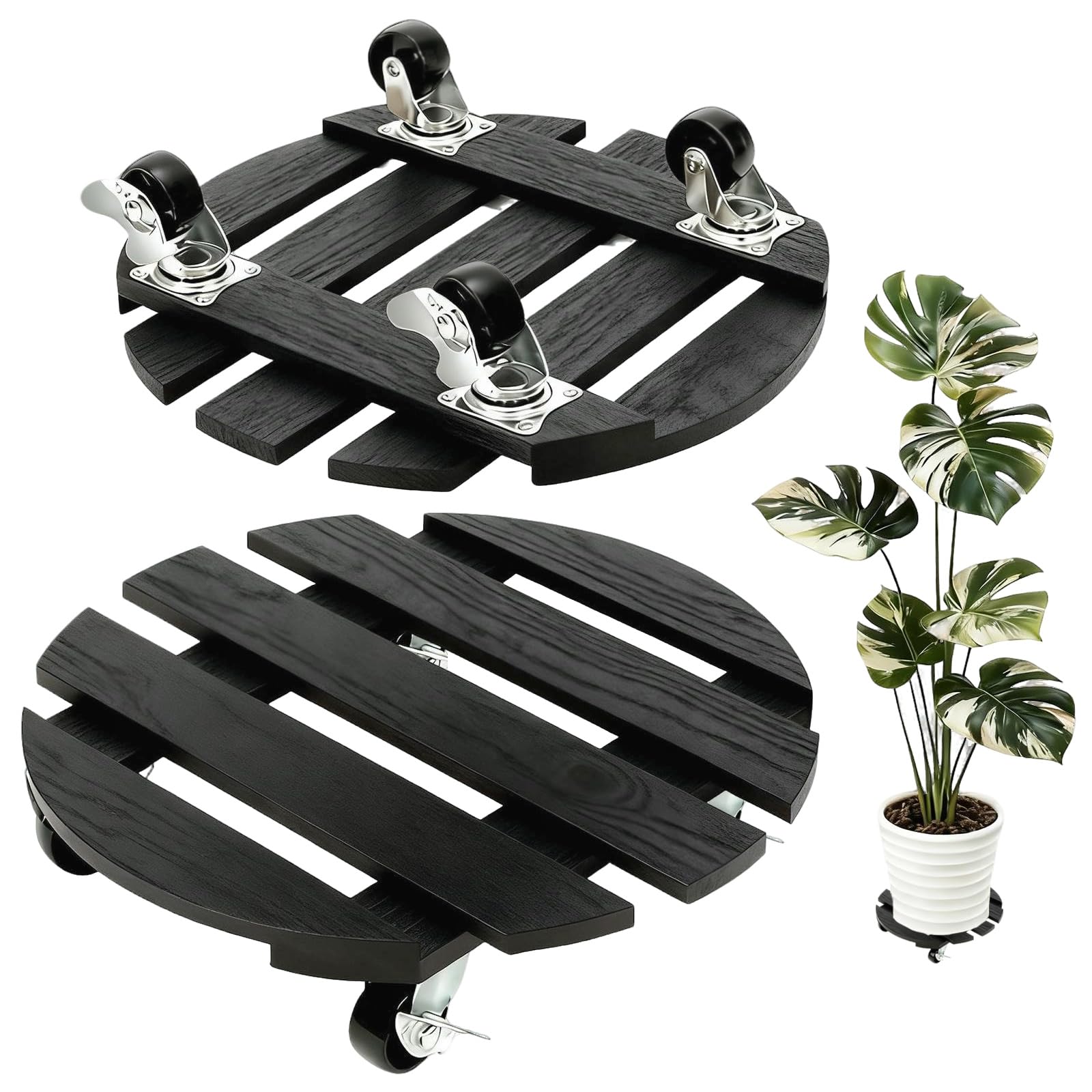Porte Plante a Roulettes, 2 Supports de Plantes à Roulettes, avec Roulette Coulissantes Verrouillables à 360°, Capacite 120kg, Supports de Pots de Fleurs à Roulettes en Bois 30cm, pour Extérieur, Noir