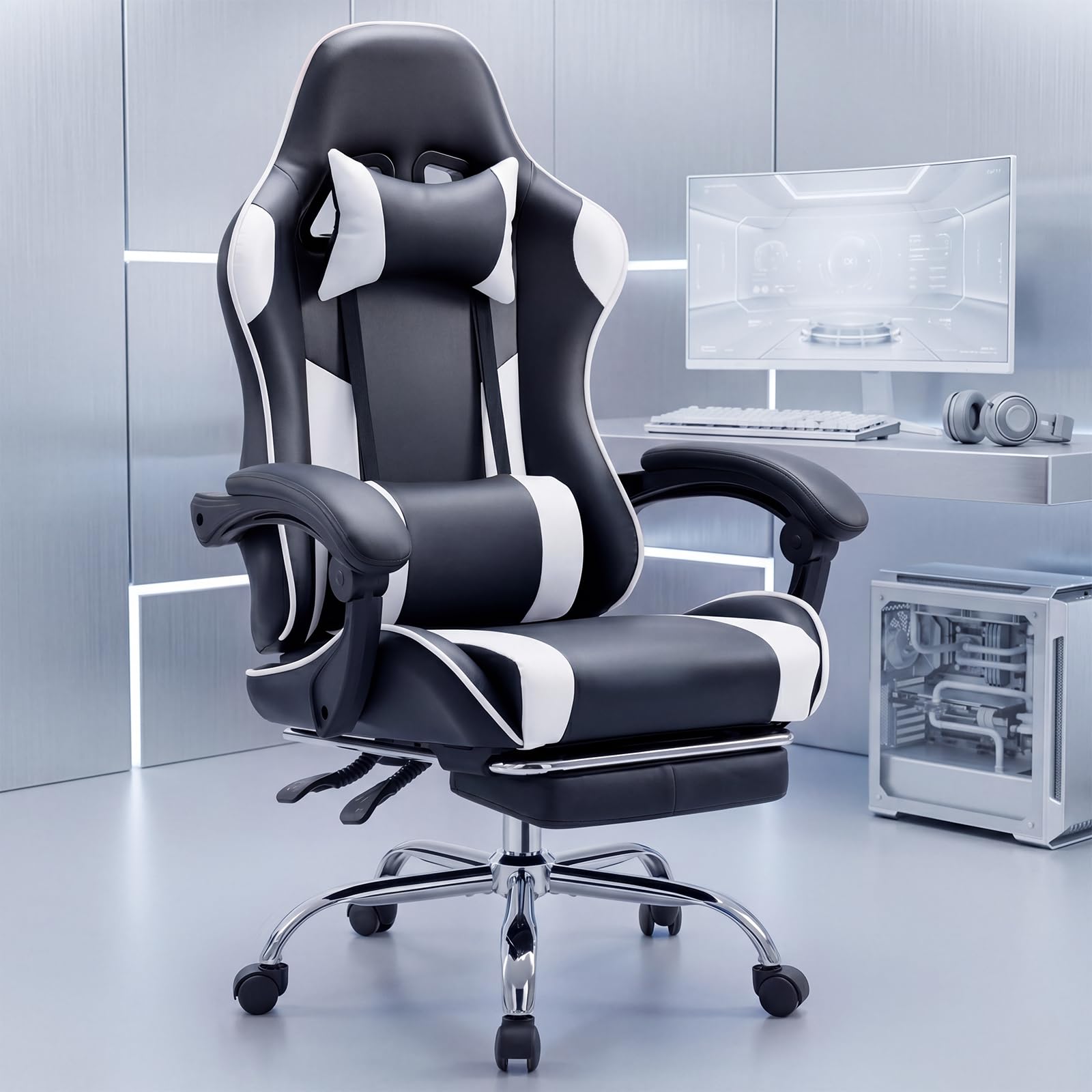 Computer Gaming Chair - Ergonomic High Back PU Leather Video Racing Chair with Adjustable Headrest &amp; Footrest, Linkage Armrest, for Office and Home, White