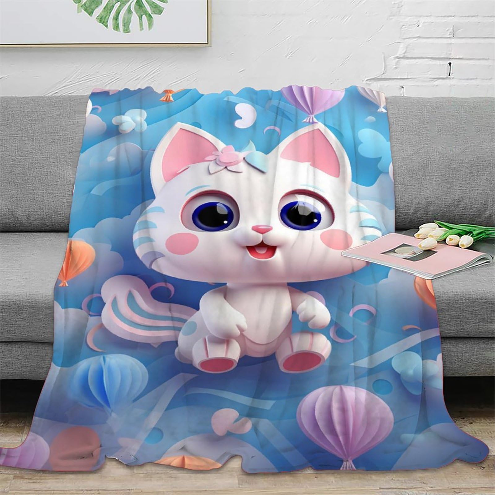 Große Kätzchen-Plüschdecke 150x200 Cm - Super Weiches Fleece Mit Hello Cat & Roten Herzen | Perfekt Für Sofa, Bett & Kalte Tage | Anime Kawaii Design