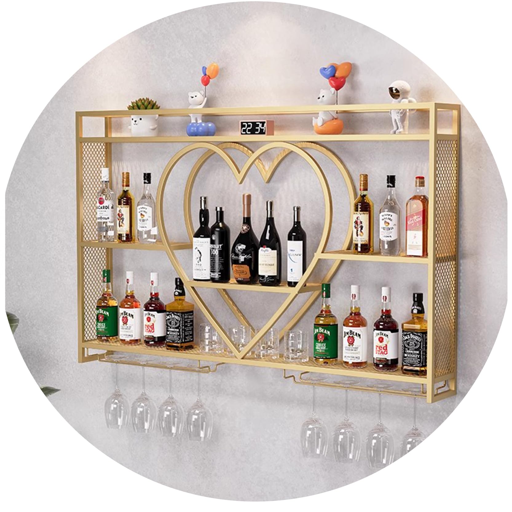 Casier à vin mural doré 100cm avec support pour verres à pied