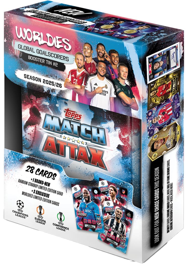 Topps UCC Match Attax 2025/26 Mini Tin Global Goalscorers 28 carte Star Boy LE 3 carte Worldies LE