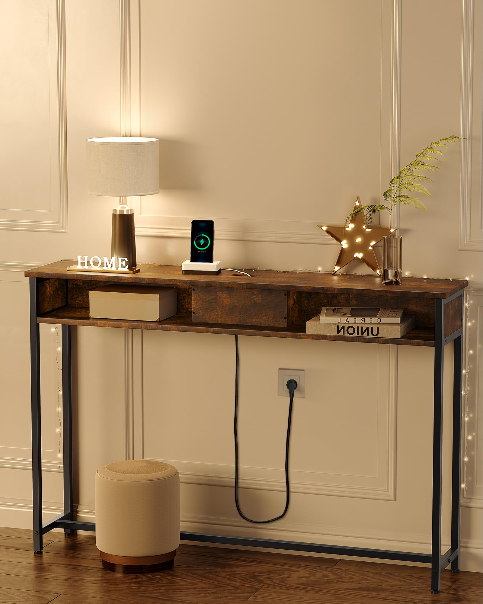 VASAGLE Table Console Fine avec Multiprise, Table de Canapé avec 2 Compartiments, Chargement Caché, Gain de Place, 25 x 120 x 81 cm, pour Entrée, Salon, Marron Rustique et Noir d’Encre LNT111K01