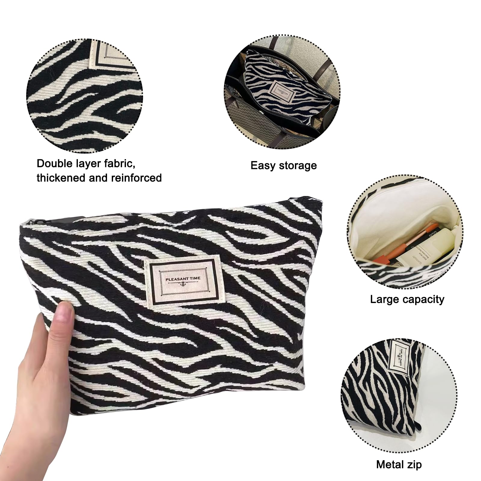 Canvas Cosmetic Bag, 27x22cm Canvas Cosmetic Leopard Make Up Bag, Portable Travel Makeup Pouch with Zipper - Image 3