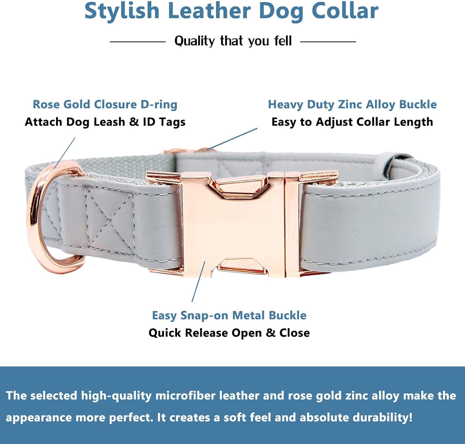 Soft Leather Dog Collar and Leash (6.6') Set - Stylish Rose Gold Heavy Duty Metal Buckle, 4 Adjustable Lengths Leash for Small Medium Large Dogs - Comfortable & Easy to Clean Grey L(15.4"-24.8")
