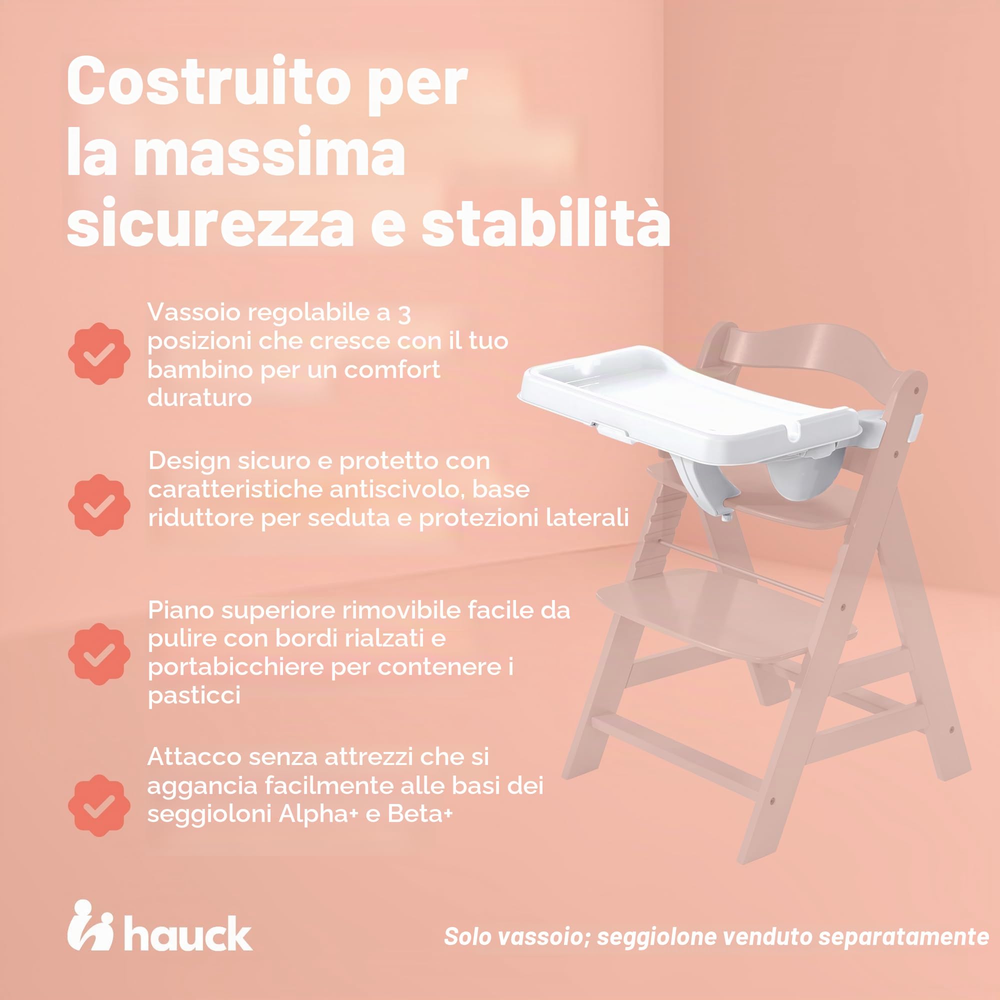 hauck Alpha Tray, Bianco - Vassoio Pappa 3in1 per Seggiolone Alpha+ e Beta+ - con Riduttore di Seduta, Bordo Rialzato e Portabicchiere - Regolabile in Profondità - Facile da Pulire