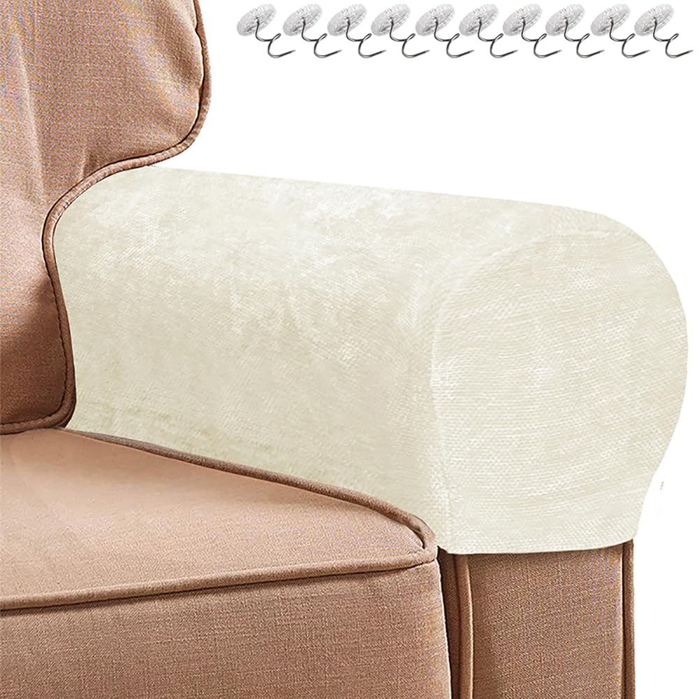 LINGXIYA Sofa Armrest Covers,Soft Stretch Chenille Arm Caps for Chairs and Sofas,Anti-Slip Arm Covers Furniture Protector Slipcovers with Twist Pins,Set of 2 (Milky White)