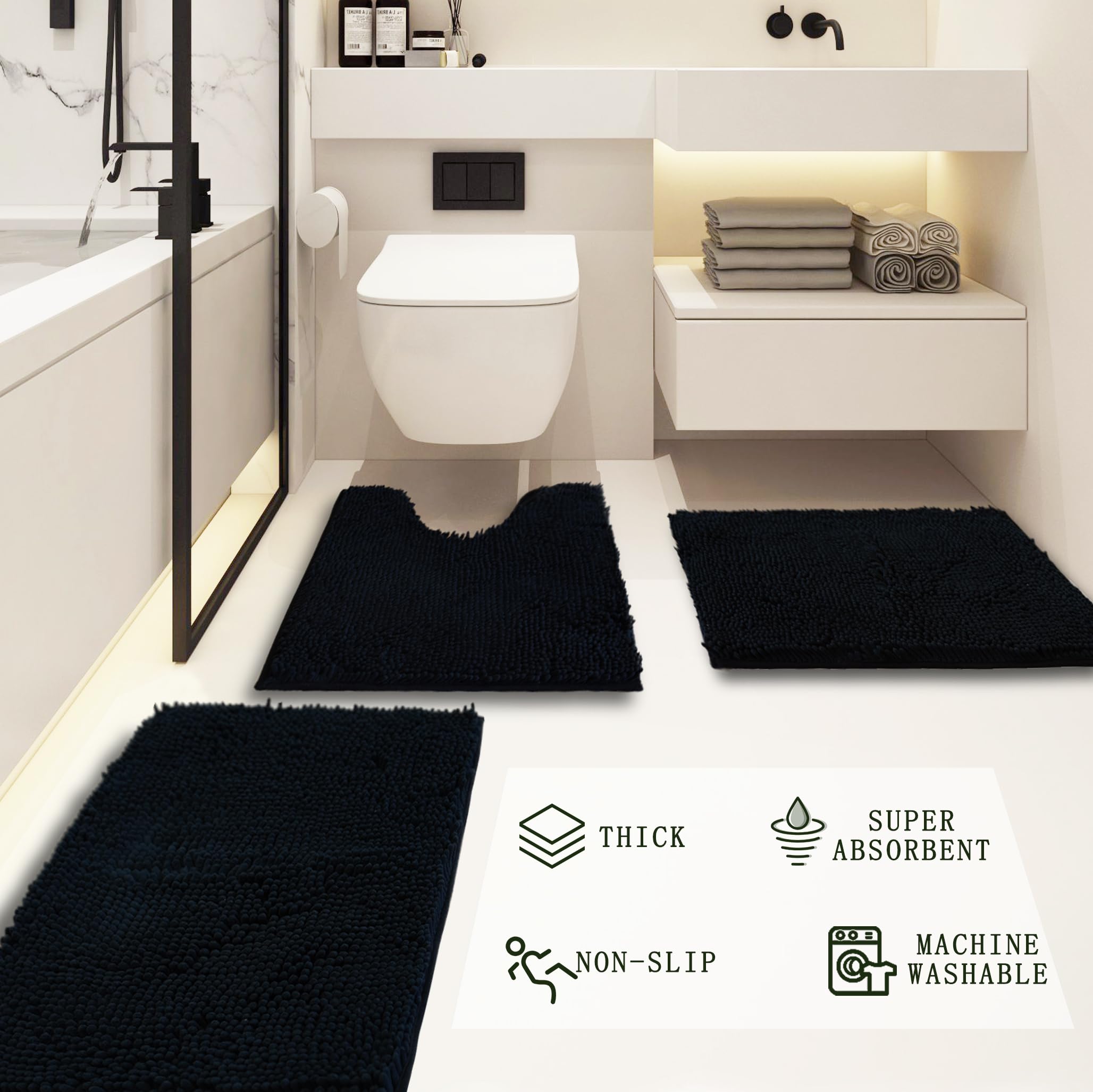 Lot de 3 tapis de salle de bain en chenille, extra épais et absorbants, antidérapants, lavables en machine, séchage rapide, doux et confortable, utilisés sous la douche, baignoire et évier,
