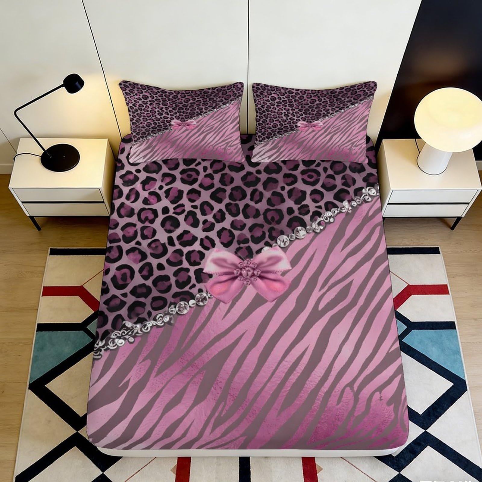 3D Printed Pink Leopard Zebra Pattern Fitted Sheet Microfiber Soft Breathable Purple Animal Print Mattress Cover for Bedroom Dormitory Guest Room 200x200x25cm