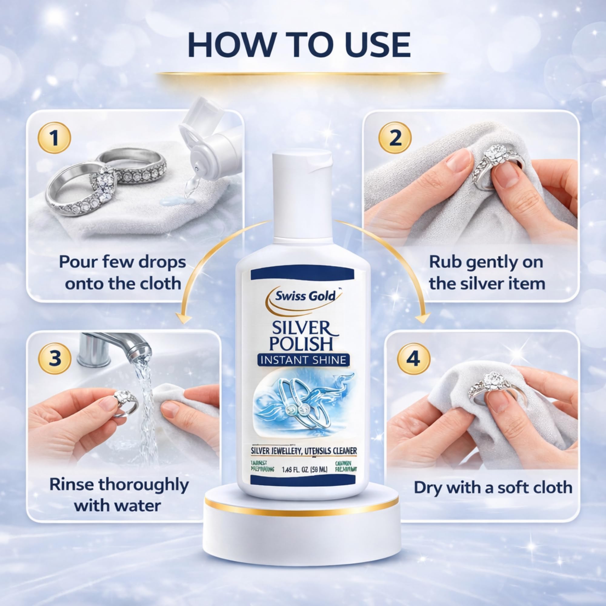 SWISS GOLD Instant Silver Cleaning Liquid | Silver Polish for Jewellery, Coins, Articles, Pooja Items & Silverware | Removes Tarnish & Restores Shine | Fast Acting Formula Without Metal Loss - 50ml 3